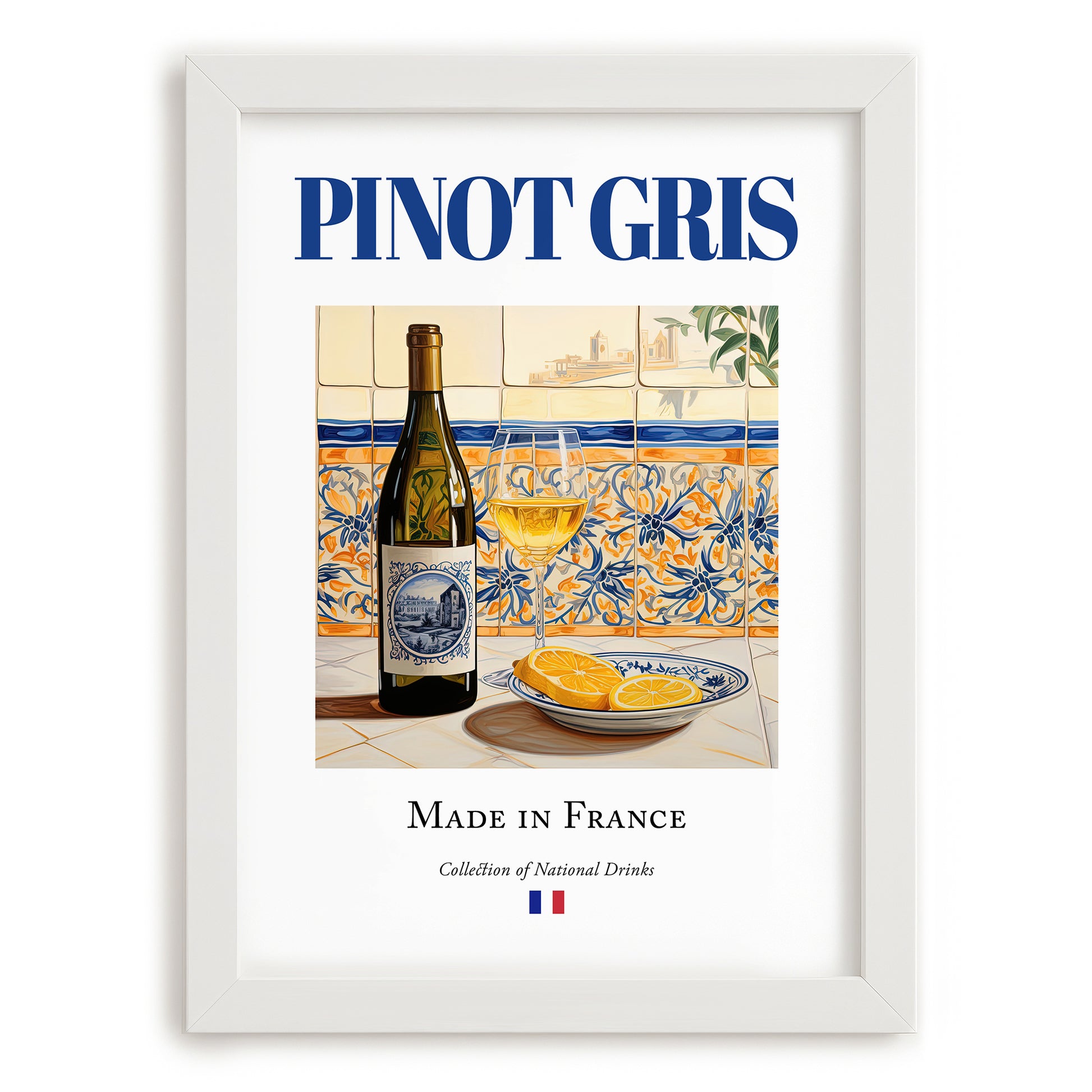 Pinot Gris – French White Wine, Tasting Room Still Life, placed in minimal white frame