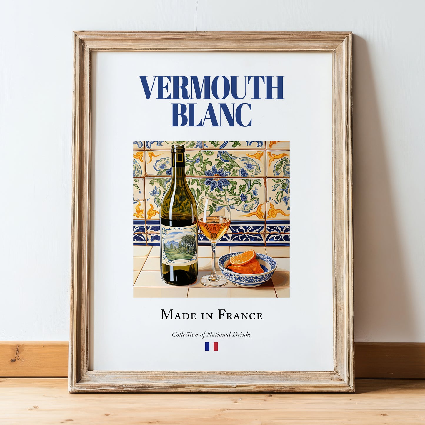 Vermouth blanc – French Liqueur Drink, Hotel Lobby Poster, in wooden frame leaning on the floor
