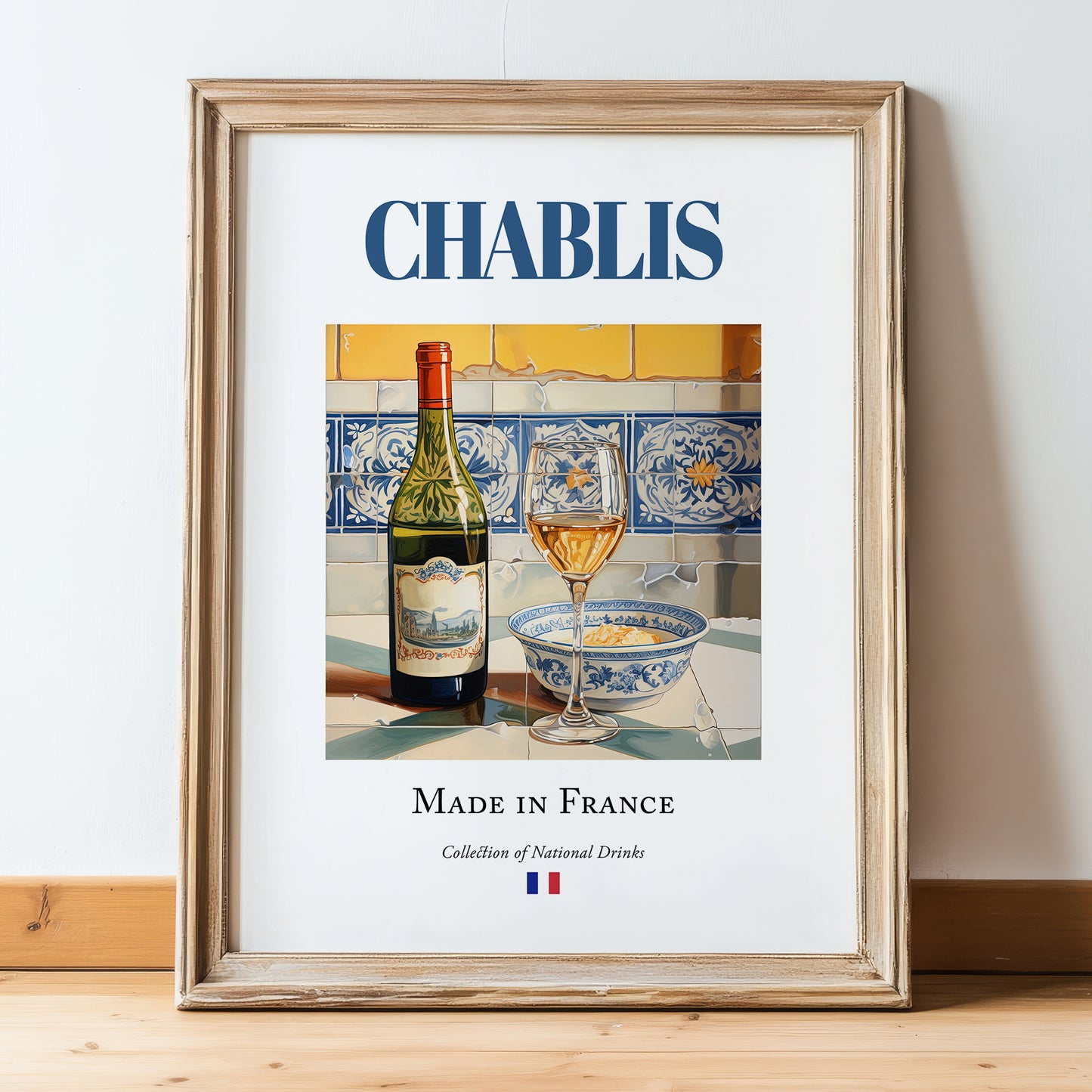Chablis – French White Wine, Tasting Room Poster, in wooden frame leaning on the floor