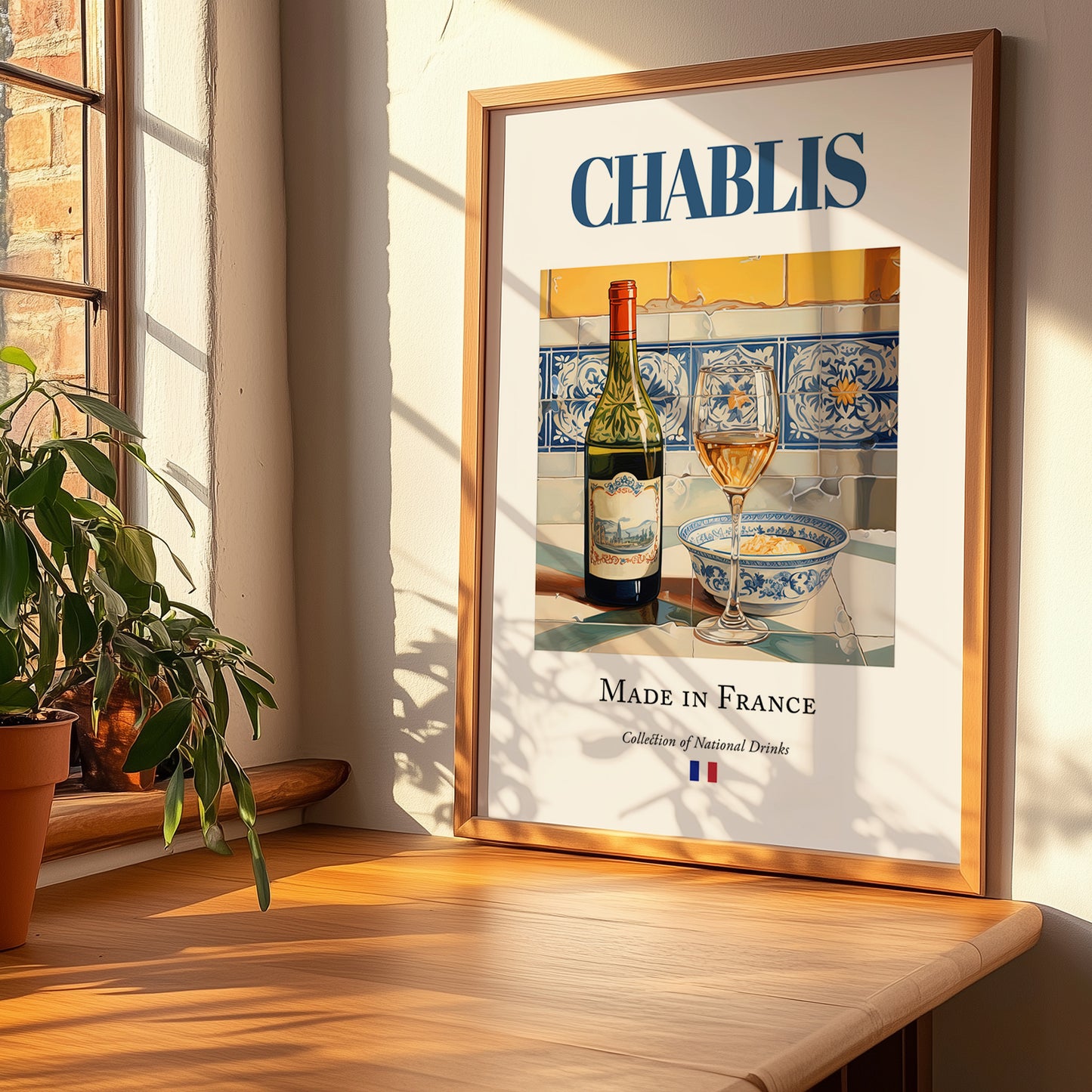Chablis – French White Wine, Tasting Room Poster, no-text version framed in wood