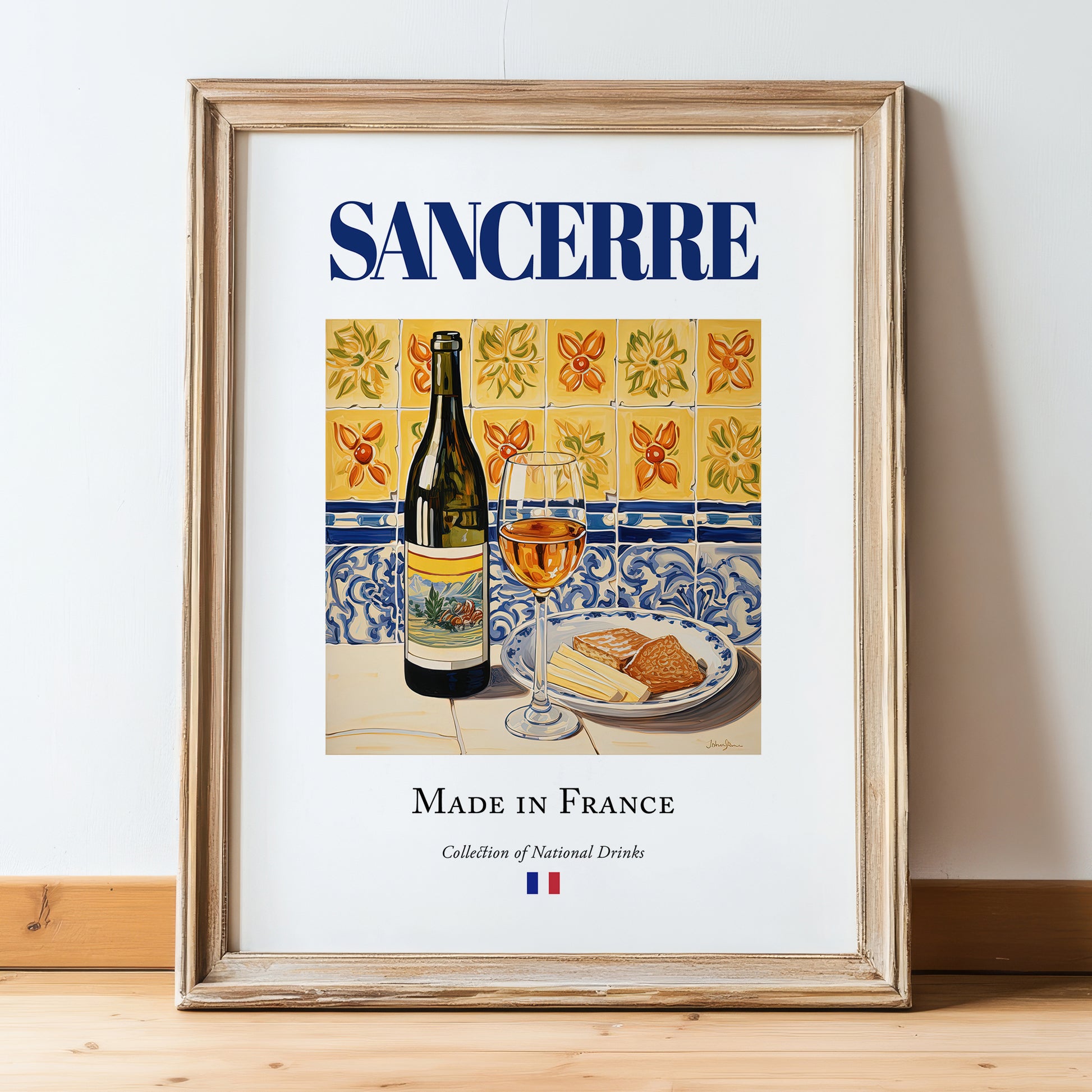 Sancerre – French White Wine, Wine Bar Still Life, in wooden frame leaning on the floor