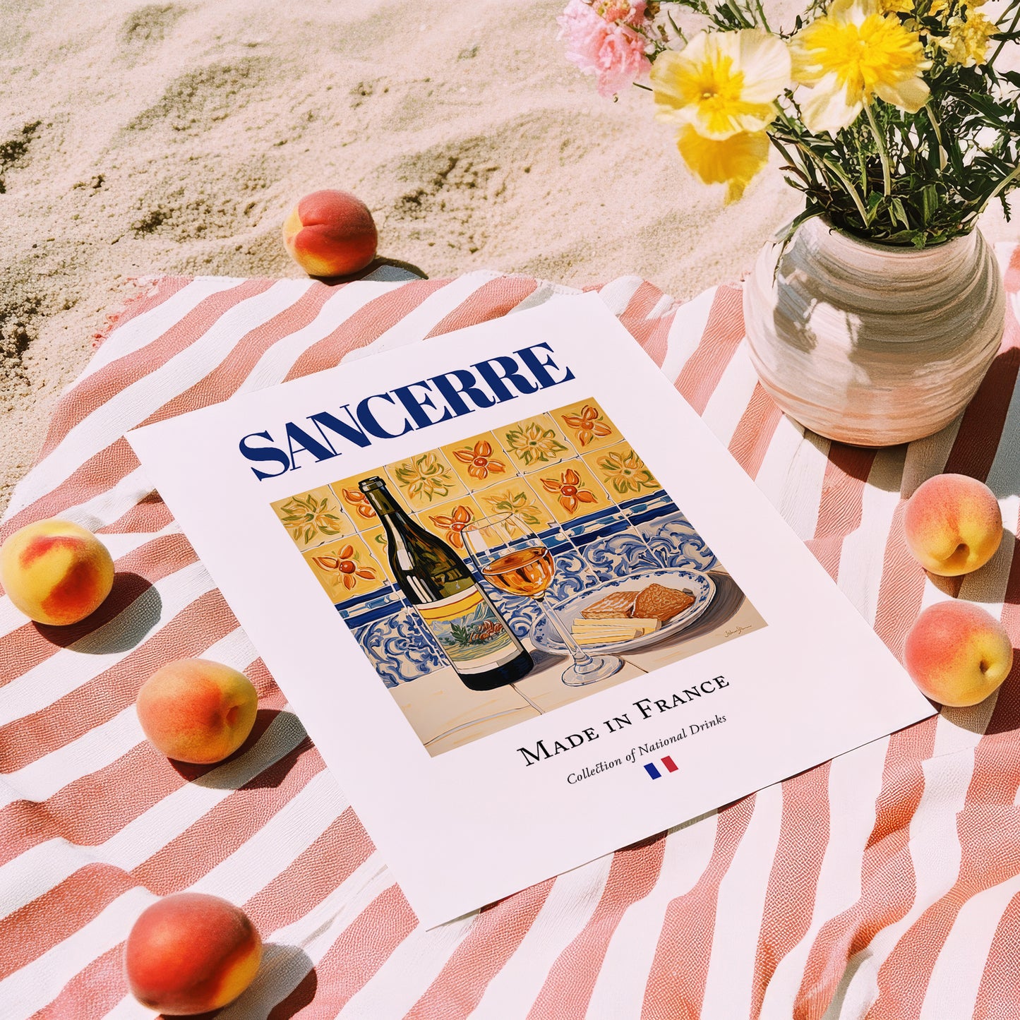 Sancerre – French White Wine, Wine Bar Still Life, unframed on coastal sand