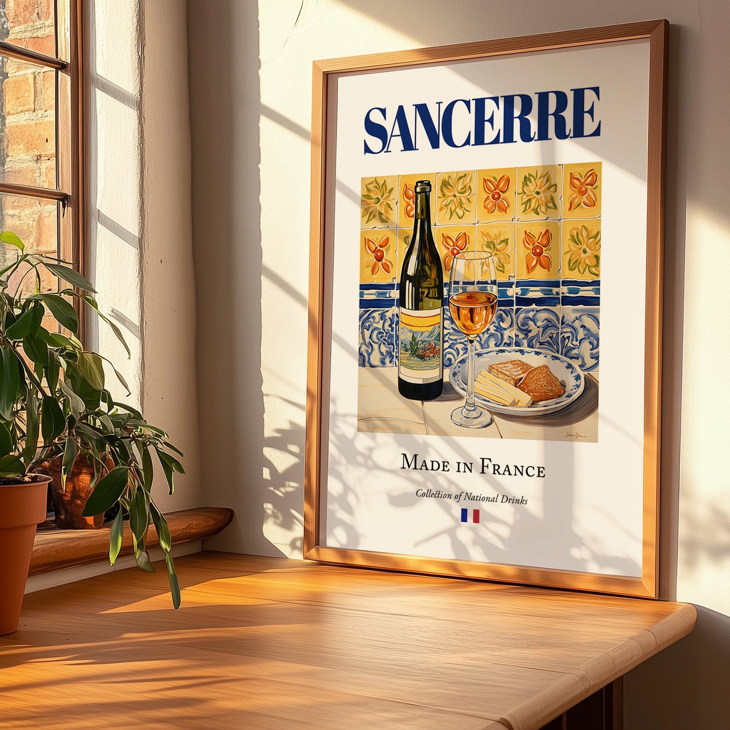 Sancerre – French White Wine, Wine Bar Still Life, no-text version framed in wood