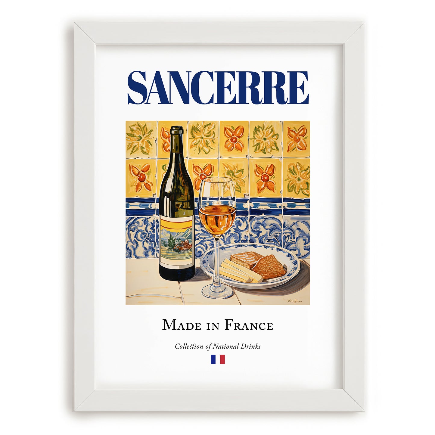 Sancerre – French White Wine, Wine Bar Still Life, placed in minimal white frame