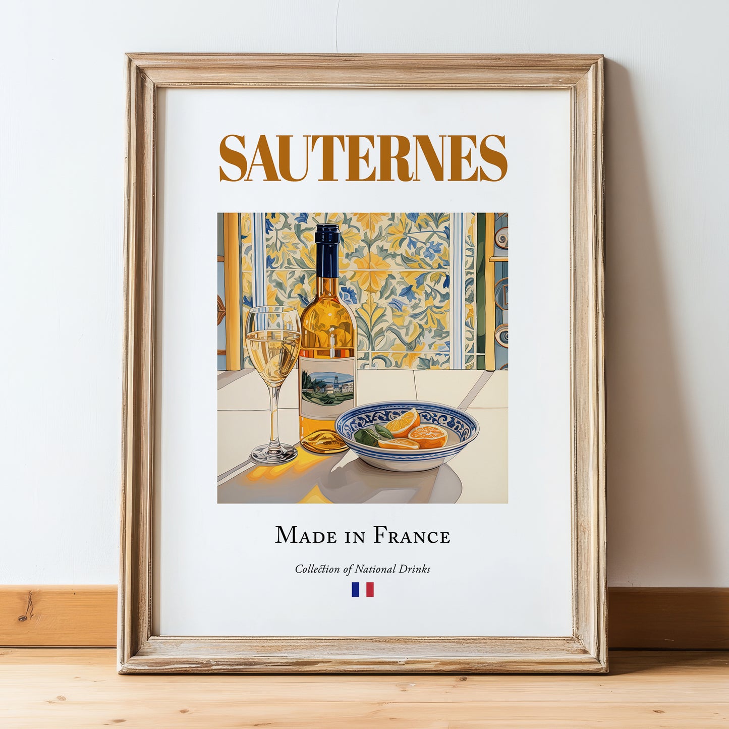 Sauternes – French Dessert Wine, Enoteca Still Life, in wooden frame leaning on the floor
