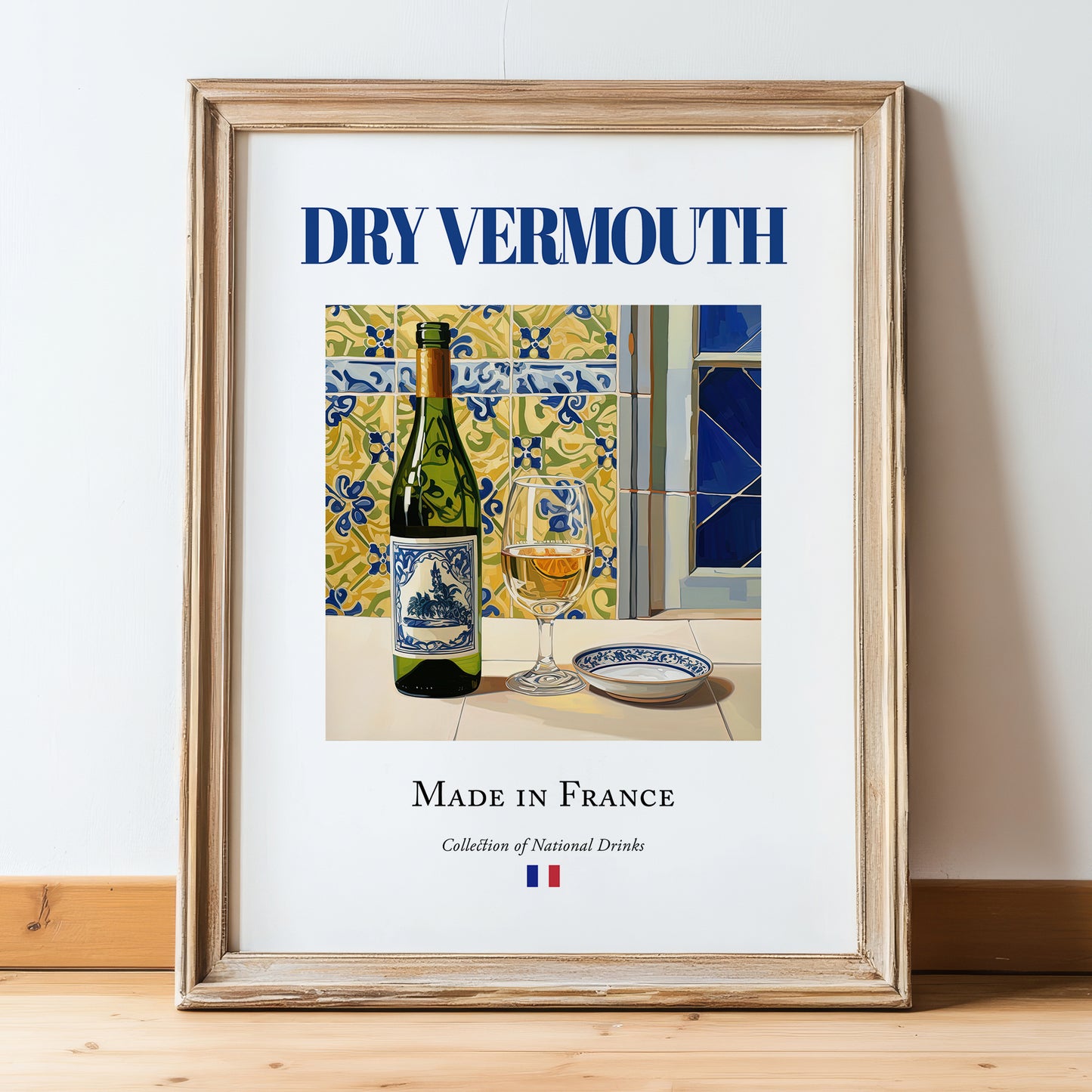 Dry Vermouth – French Liqueur Drink, Sky Bar Wall Decor, in wooden frame leaning on the floor