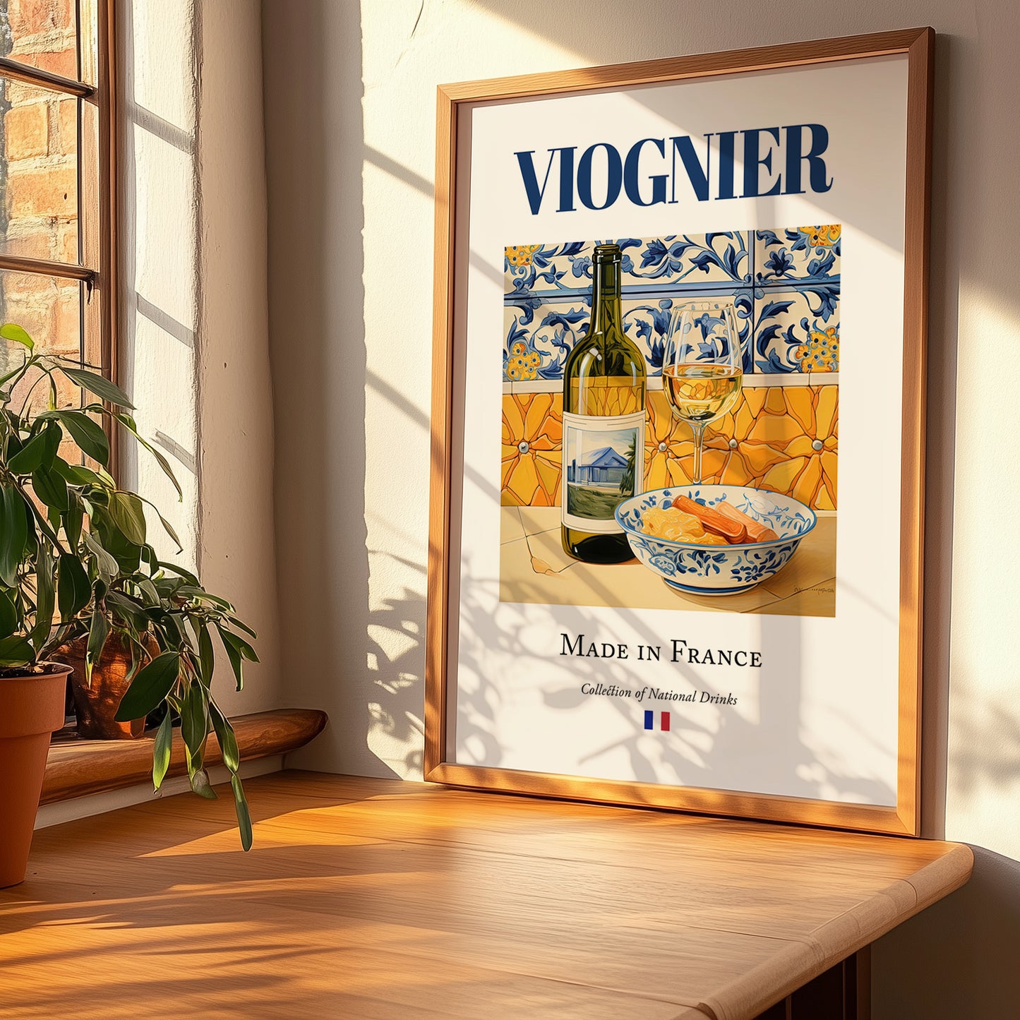 Viognier – French White Wine, Wine Bar Poster, no-text version framed in wood