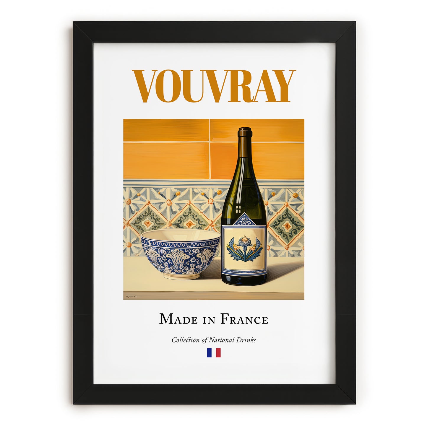 Vouvray – French White Wine, Wine Bar Wall Art, in sleek black frame