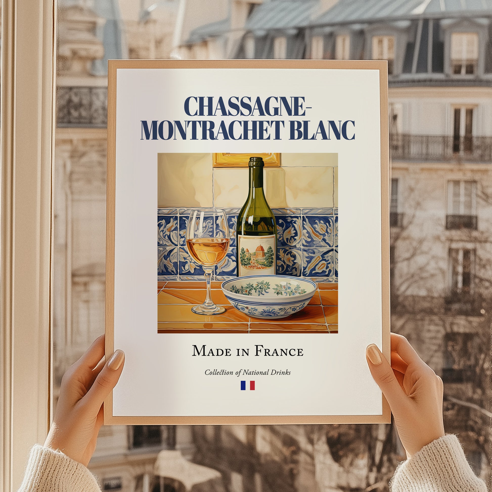 Chassagne-Montrachet blanc – French White Wine, Vinoteca Poster, styled in a charming Paris street view