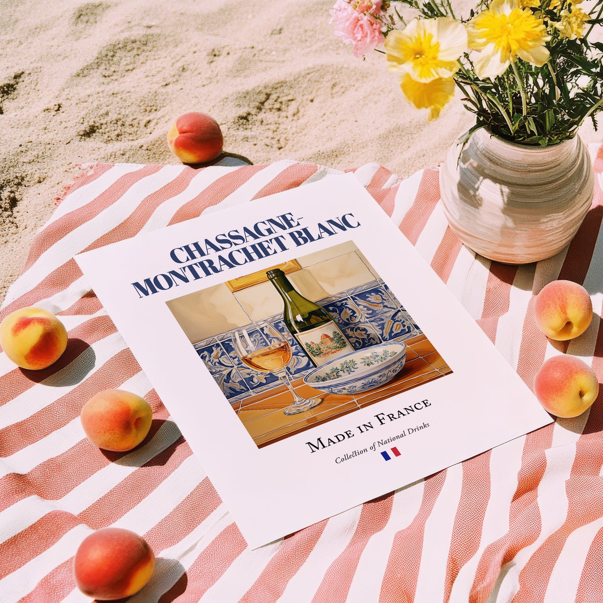 Chassagne-Montrachet blanc – French White Wine, Vinoteca Poster, unframed on coastal sand