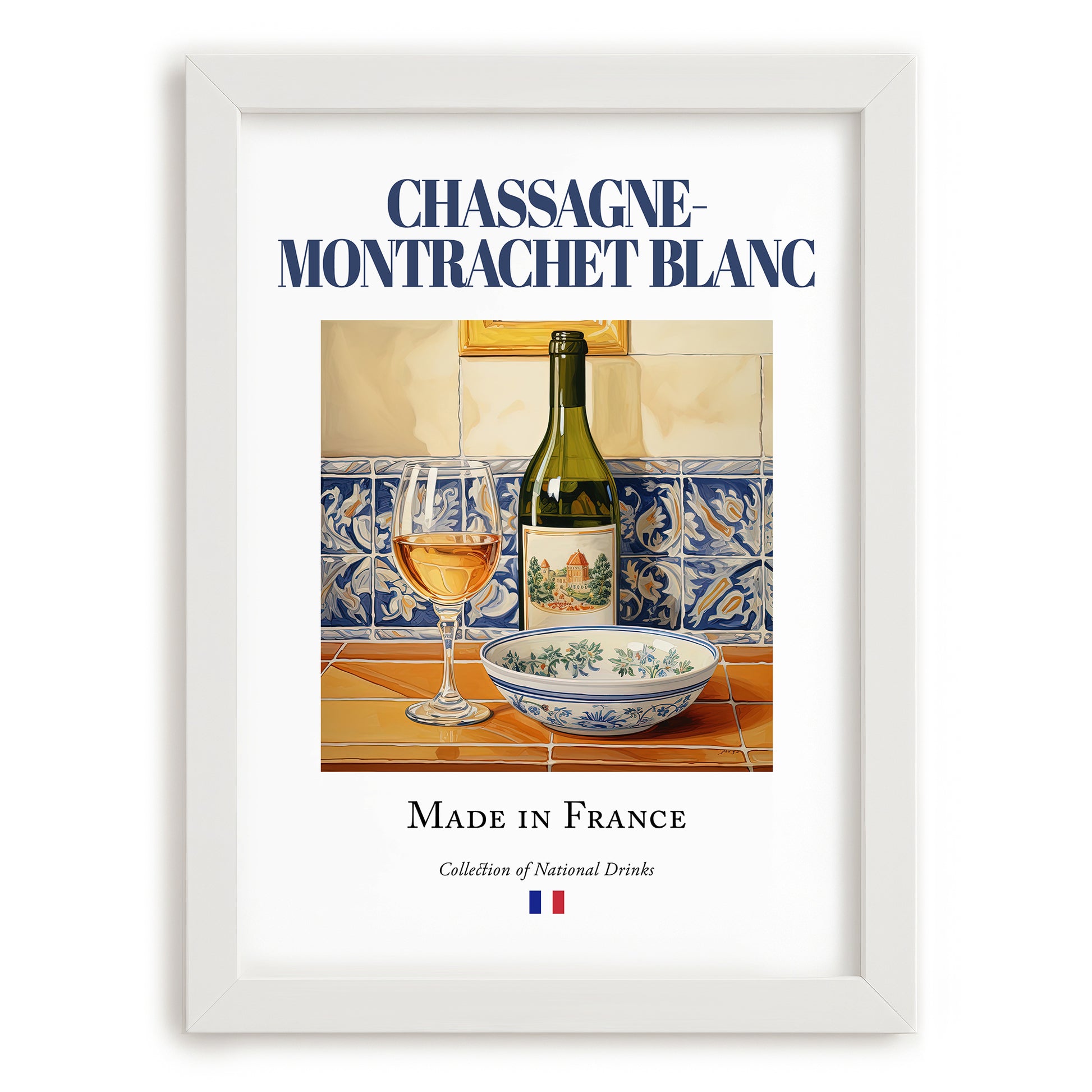 Chassagne-Montrachet blanc – French White Wine, Vinoteca Poster, placed in minimal white frame