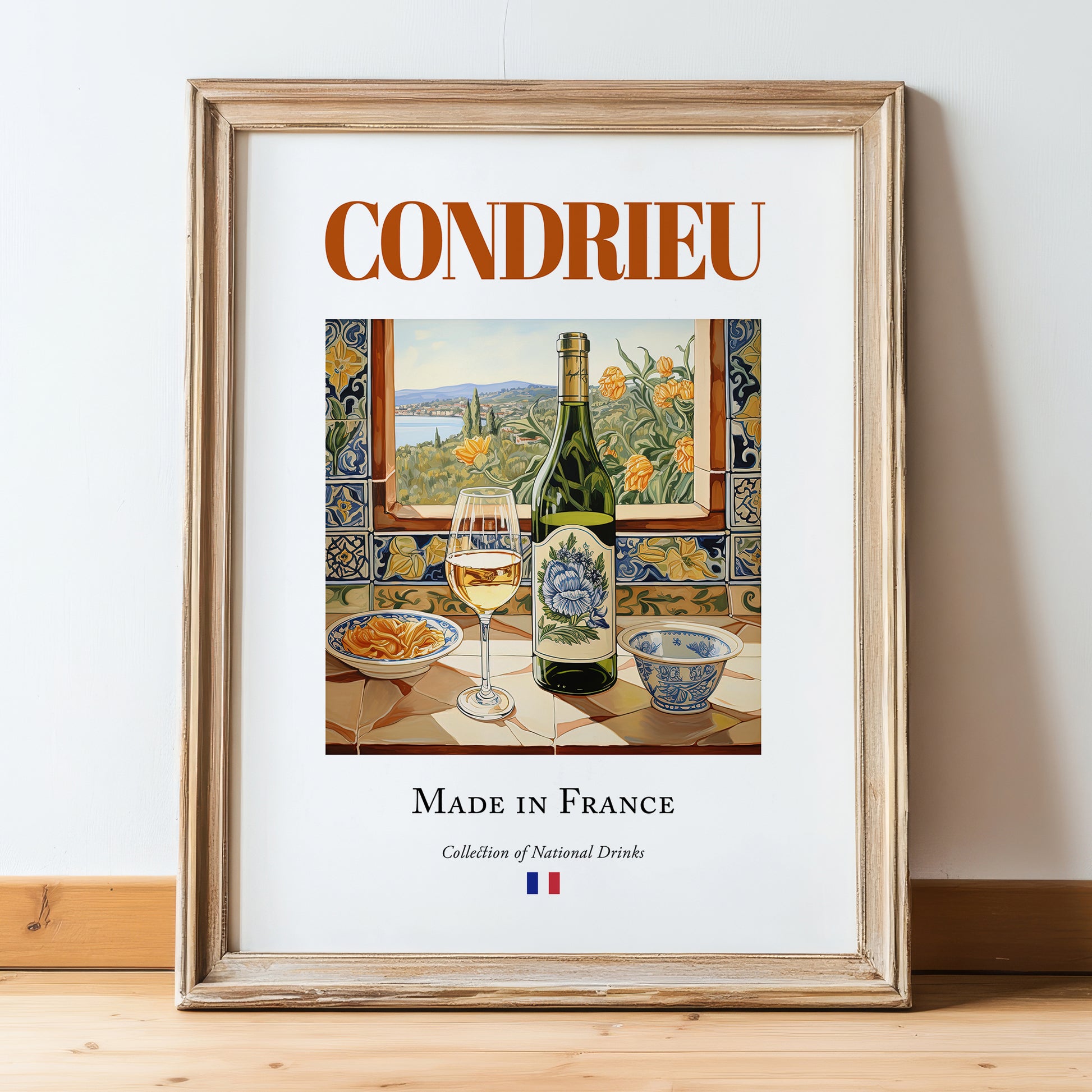 Condrieu – French White Wine, Enoteca Print, in wooden frame leaning on the floor