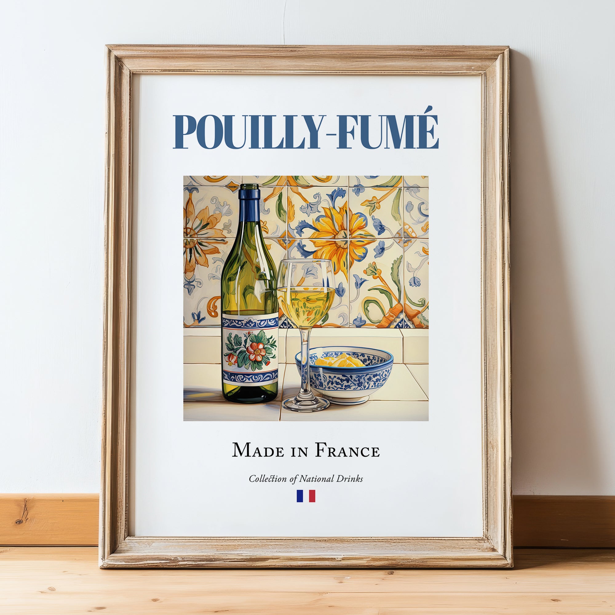 Pouilly-Fumé – French White Wine, Tasting Room Still Life, in wooden frame leaning on the floor