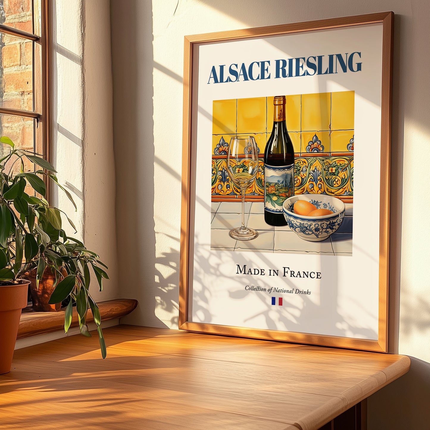 Alsace Riesling – French White Wine, Bodega Wall Decor, no-text version framed in wood