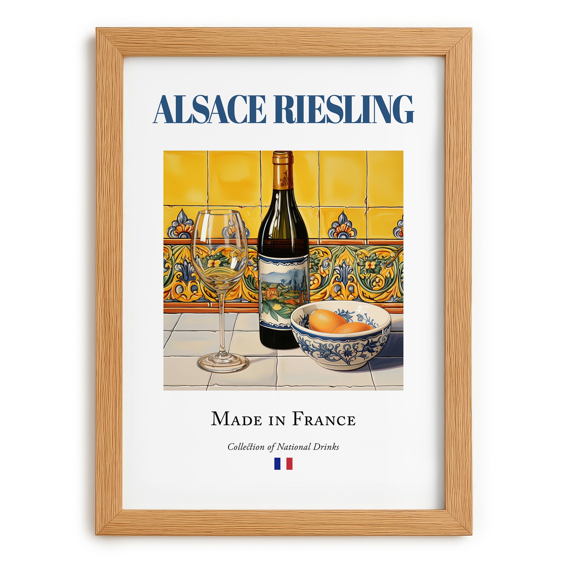 Alsace Riesling – French White Wine, Bodega Wall Decor, set in oak frame