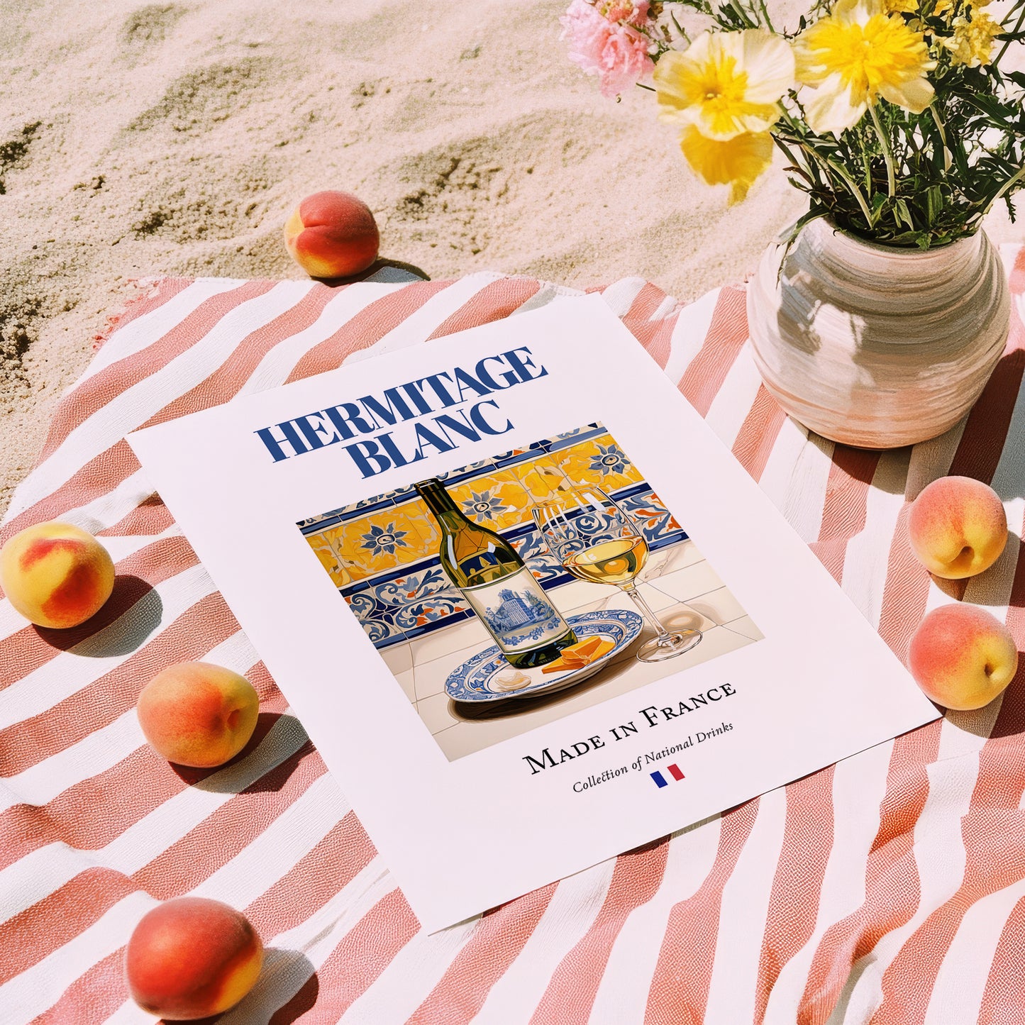 Hermitage blanc – French White Wine, Vineyard Terrace Wall Art, unframed on coastal sand