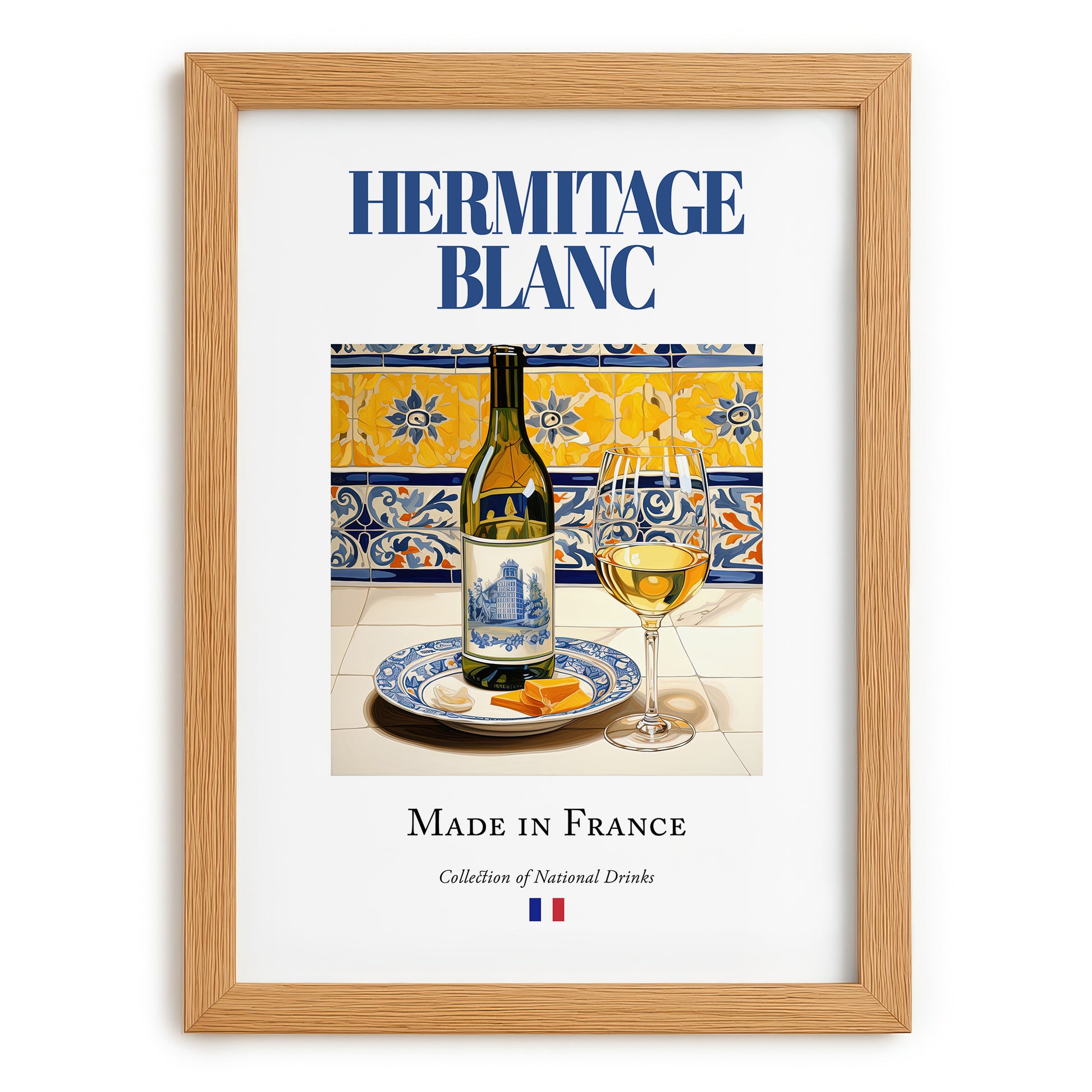 Hermitage blanc – French White Wine, Vineyard Terrace Wall Art, set in oak frame