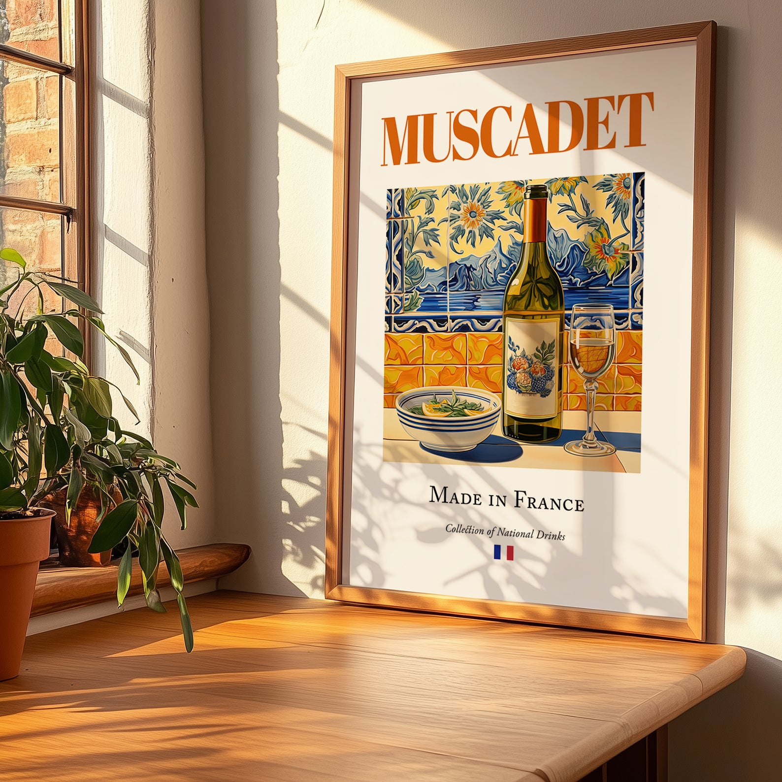 Muscadet – French White Wine, Vinoteca Print, no-text version framed in wood
