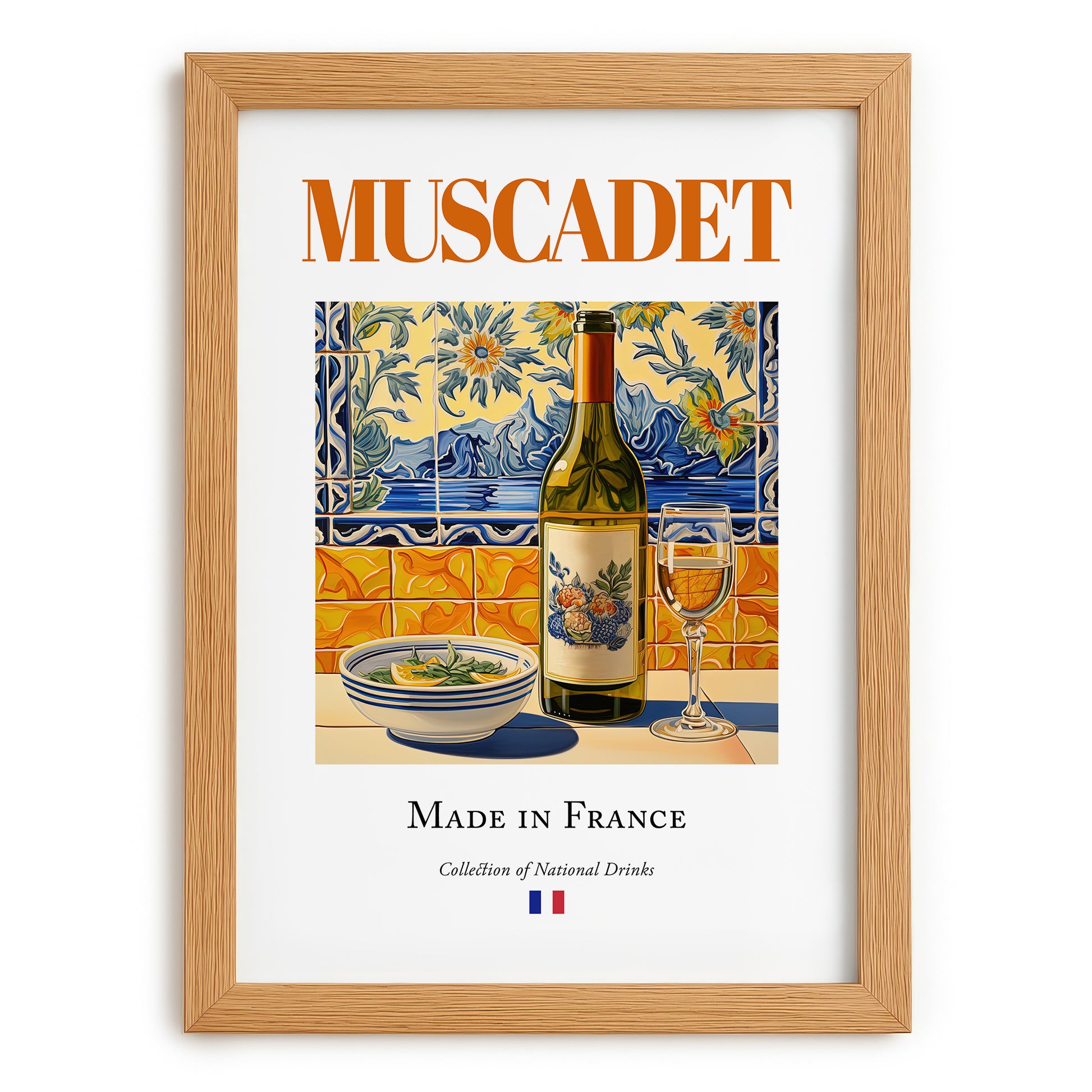 Muscadet – French White Wine, Vinoteca Print, set in oak frame