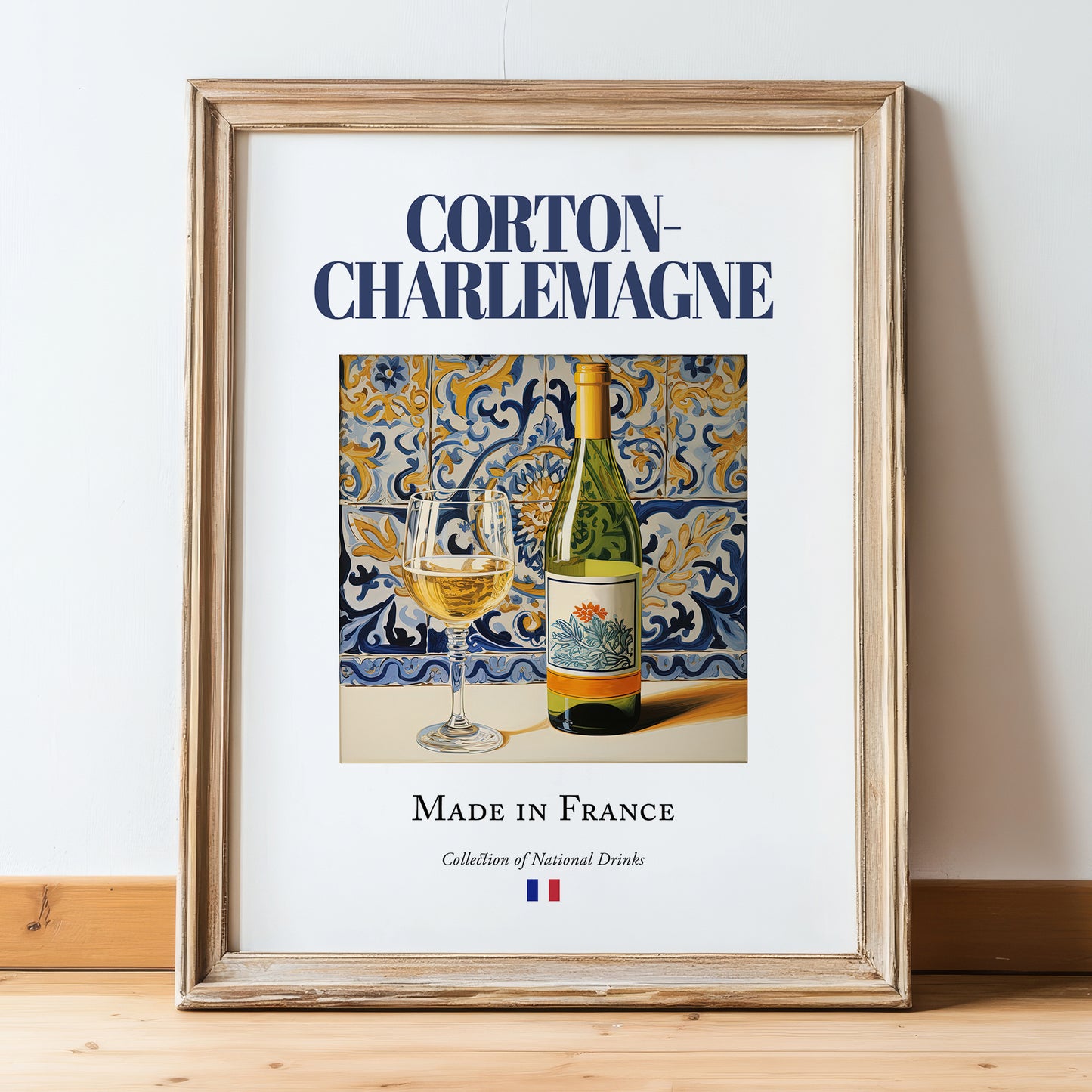 Corton-Charlemagne – French White Wine, Vinoteca Poster, in wooden frame leaning on the floor