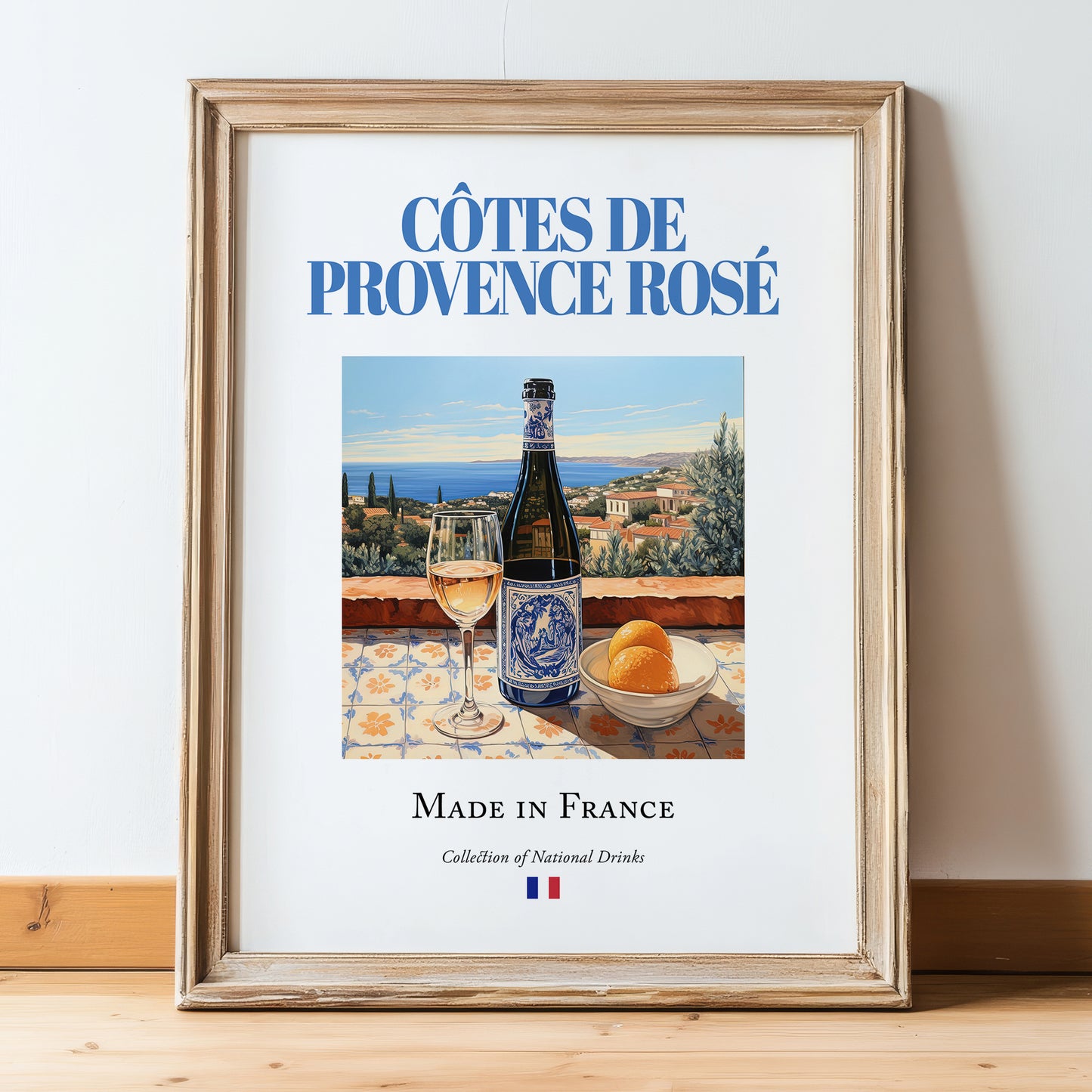 Côtes de Provence Rosé – French Rose Wine, Bodega Poster, in wooden frame leaning on the floor