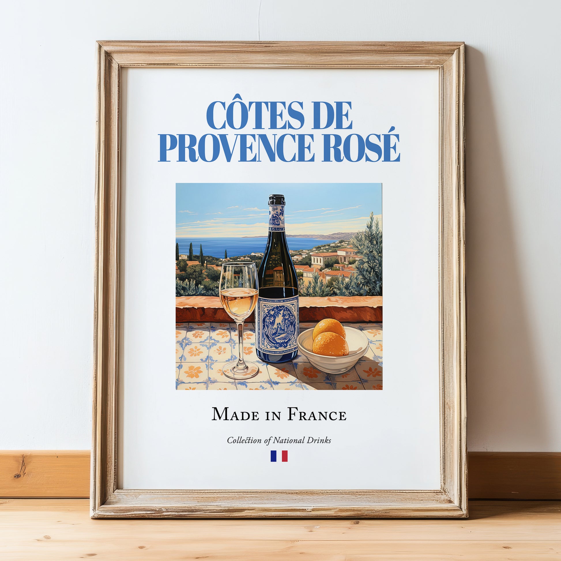 Côtes de Provence Rosé – French Rose Wine, Bodega Poster, in wooden frame leaning on the floor