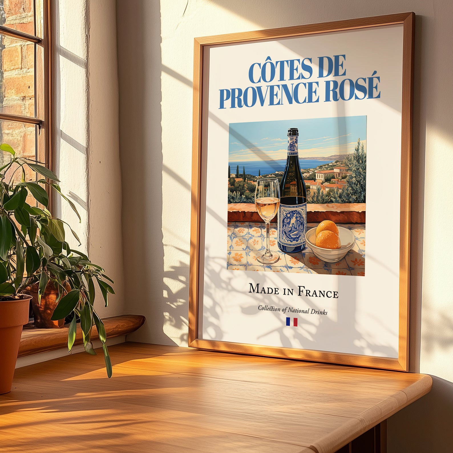 Côtes de Provence Rosé – French Rose Wine, Bodega Poster, no-text version framed in wood
