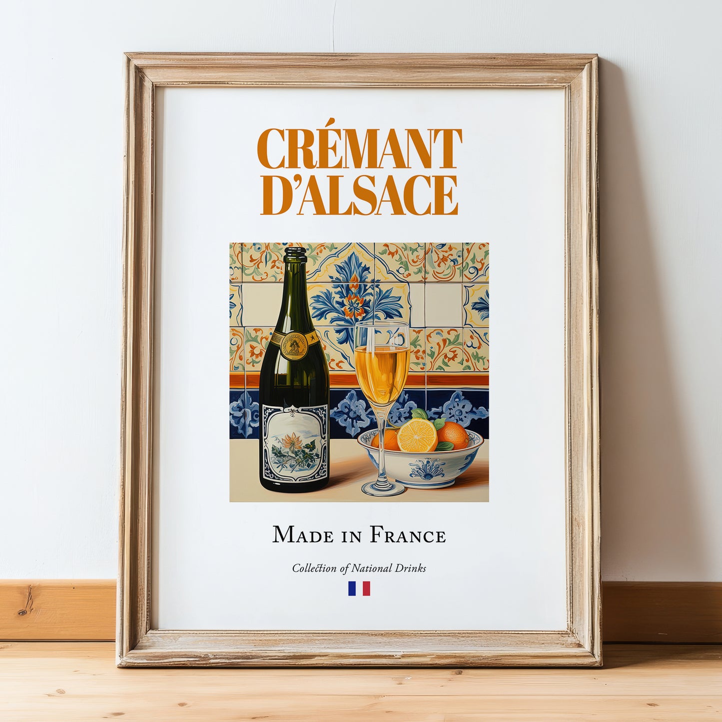 Crémant d'Alsace – French Sparkling Wine, Bodega Print, in wooden frame leaning on the floor