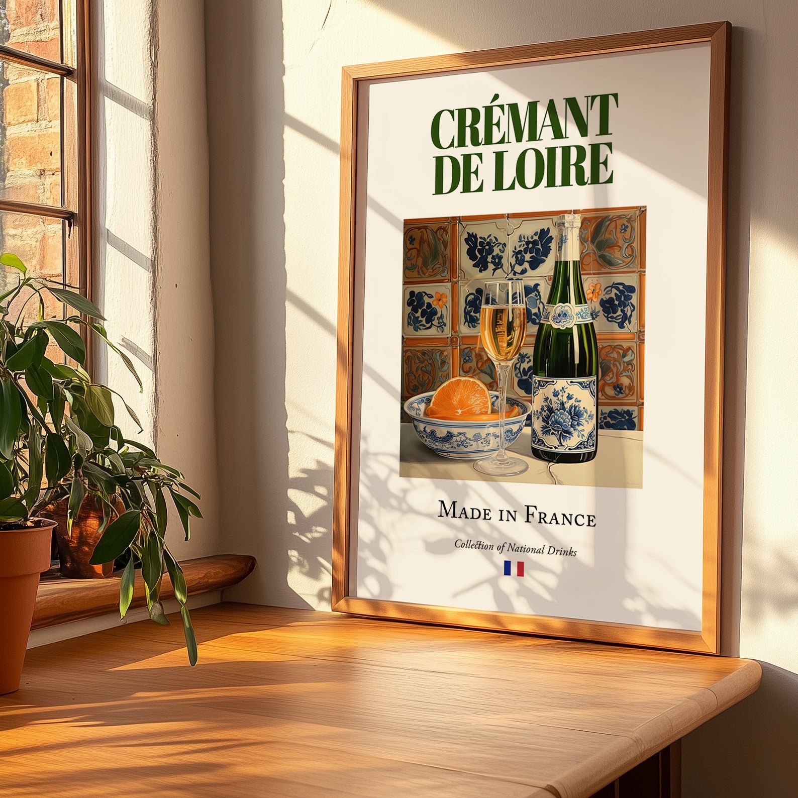 Crémant de Loire – French Sparkling Wine, Wine Bar Illustration, no-text version framed in wood