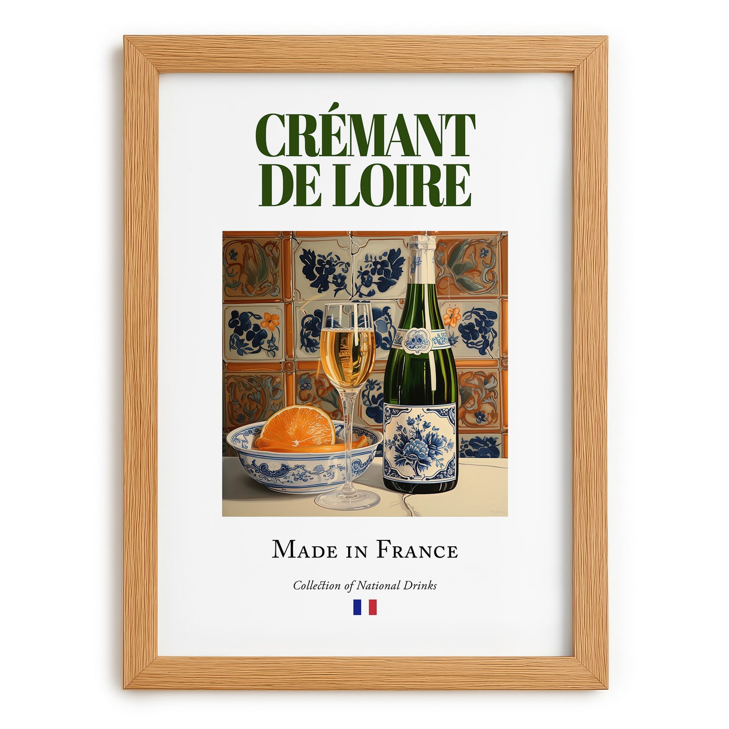Crémant de Loire – French Sparkling Wine, Wine Bar Illustration, set in oak frame