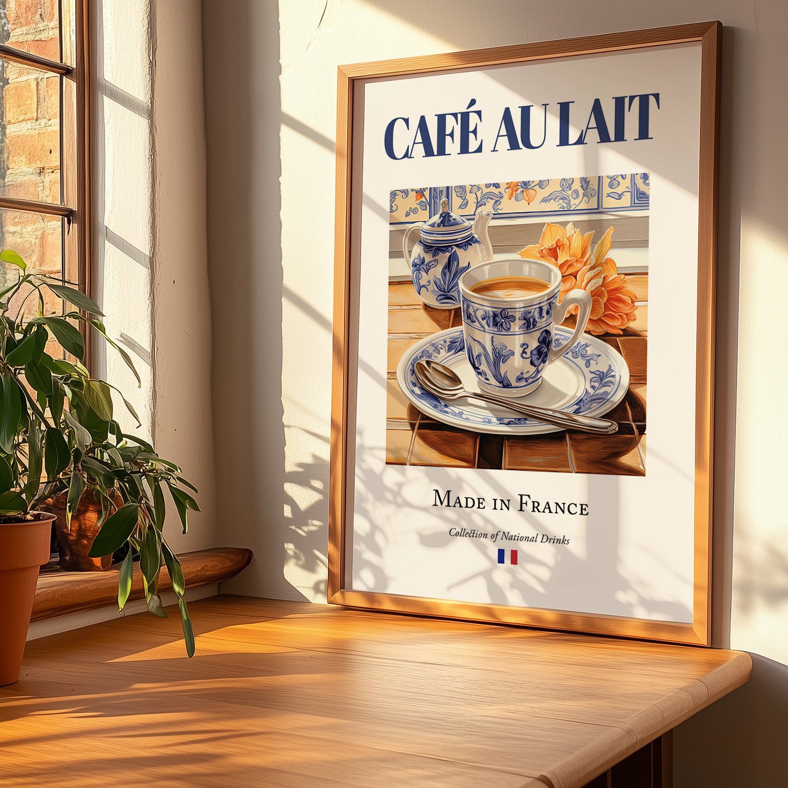 Café au lait – French Coffee, Espresso Bar Print, no-text version framed in wood
