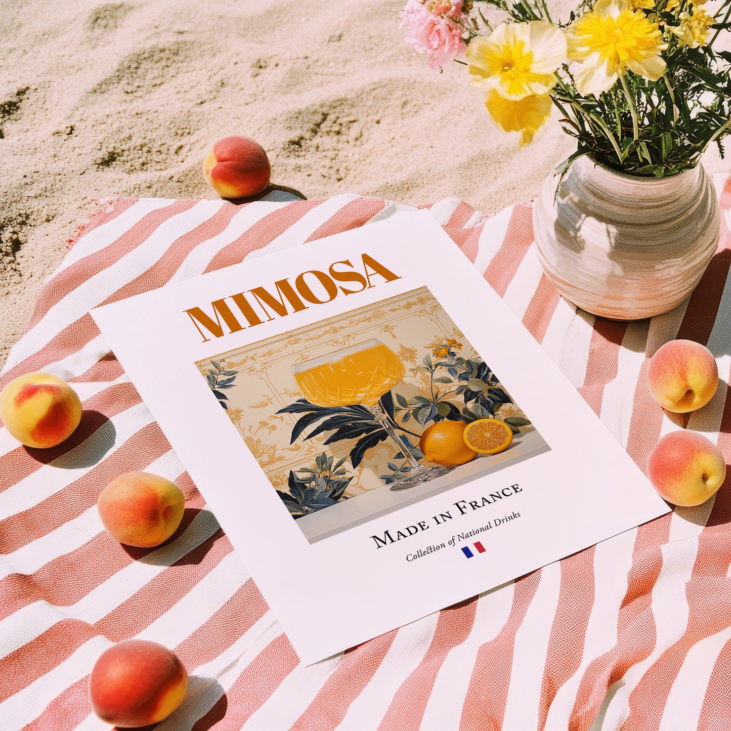 Mimosa – French Cocktail Drink, Beach Bar Art, unframed on coastal sand