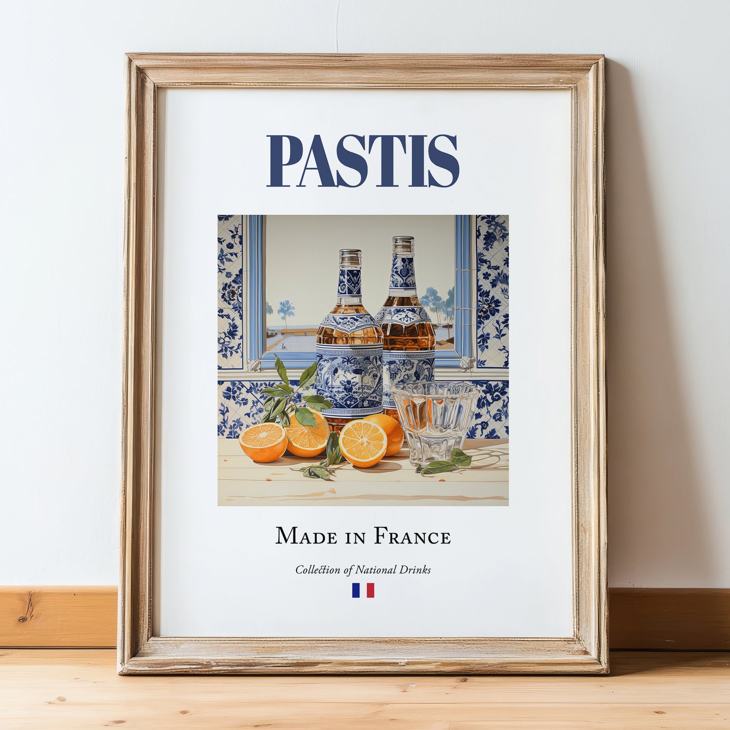 Pastis – French Spirit Drink, Rooftop Terrace Poster, in wooden frame leaning on the floor