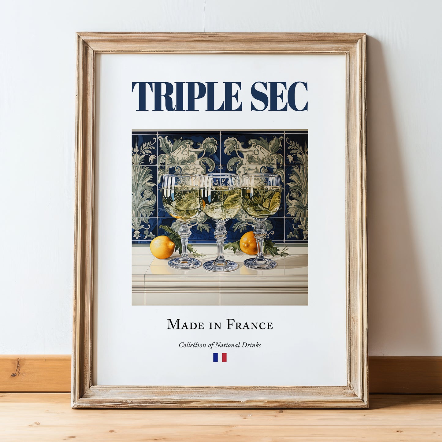 Triple sec – French Liqueur Drink, Speakeasy Poster, in wooden frame leaning on the floor