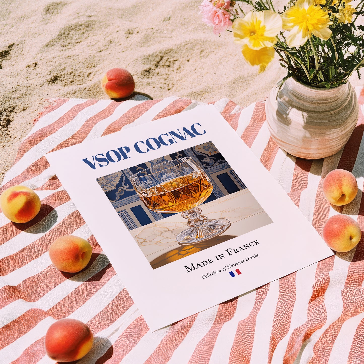 VSOP Cognac – French Spirit Drink, Speakeasy Wall Art, unframed on coastal sand