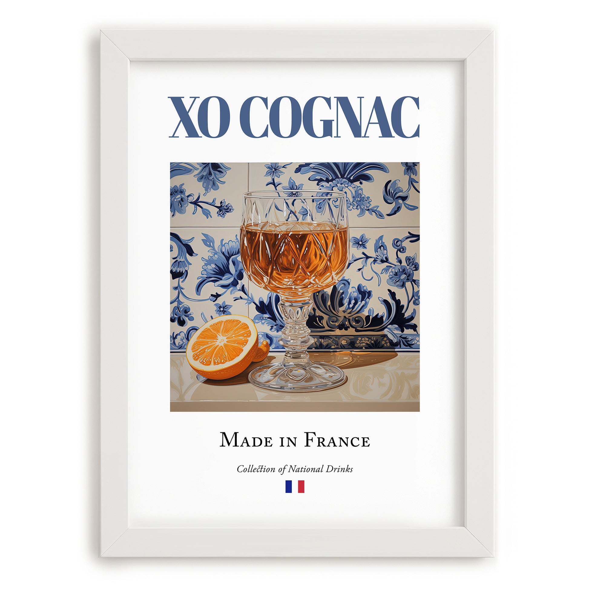 XO Cognac – French Spirit Drink, Beach Bar Poster, placed in minimal white frame