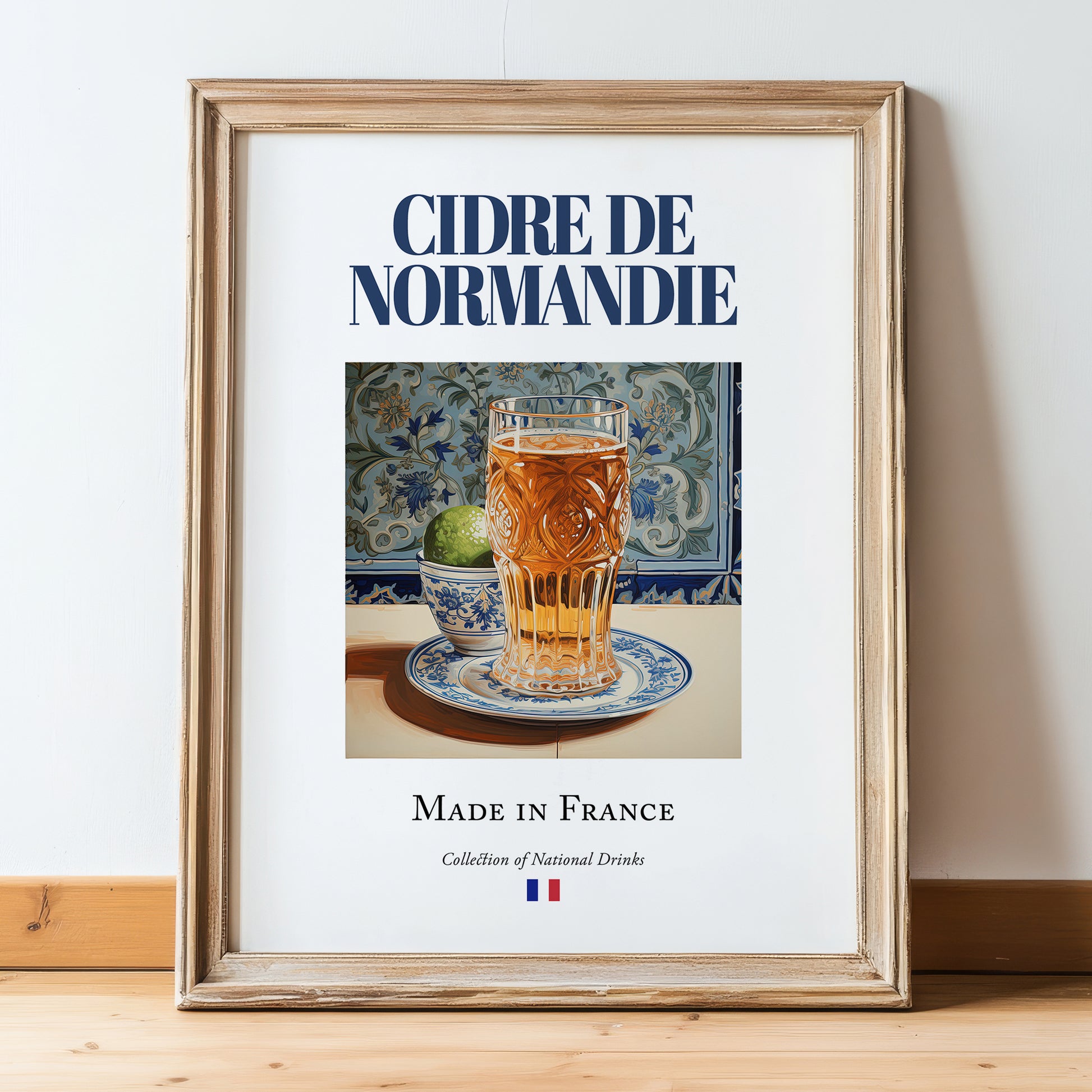 Cidre de Normandie – French Cider Cider, Cidreria Print, in wooden frame leaning on the floor