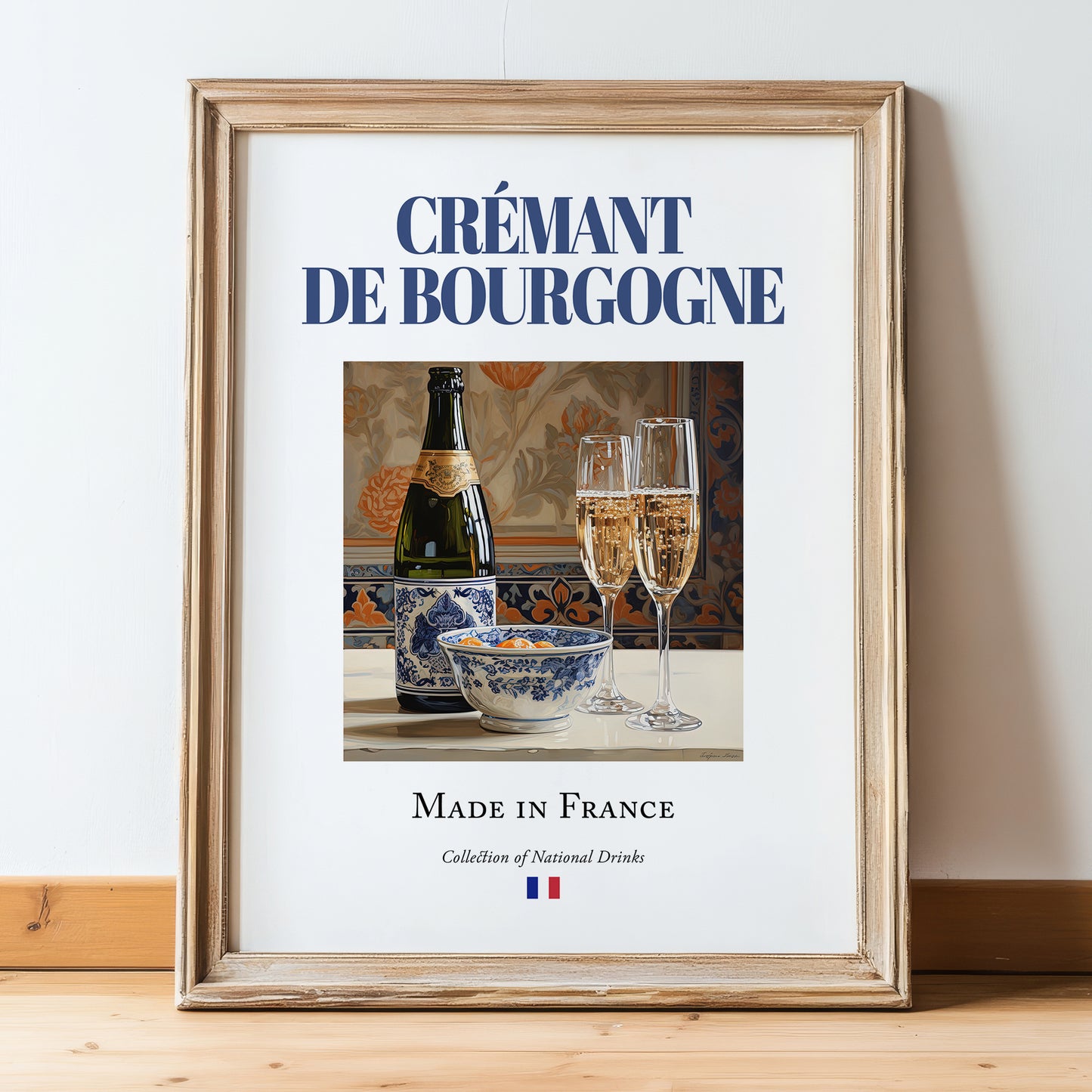 Crémant de Bourgogne – French Sparkling Wine, Wine Bar Poster, in wooden frame leaning on the floor