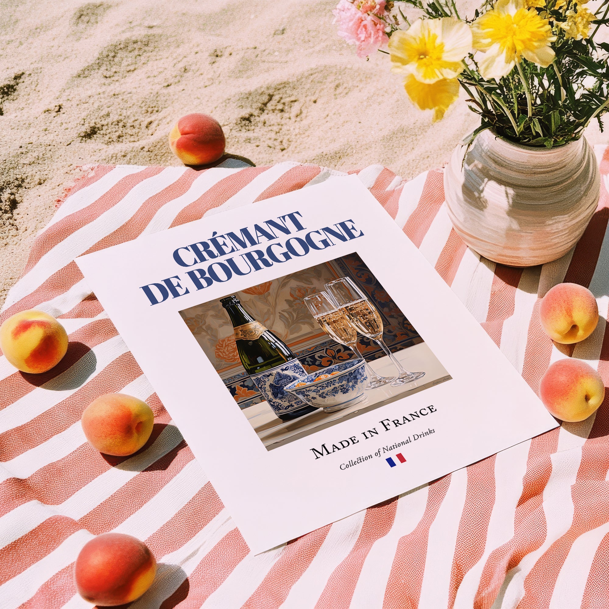 Crémant de Bourgogne – French Sparkling Wine, Wine Bar Poster, unframed on coastal sand