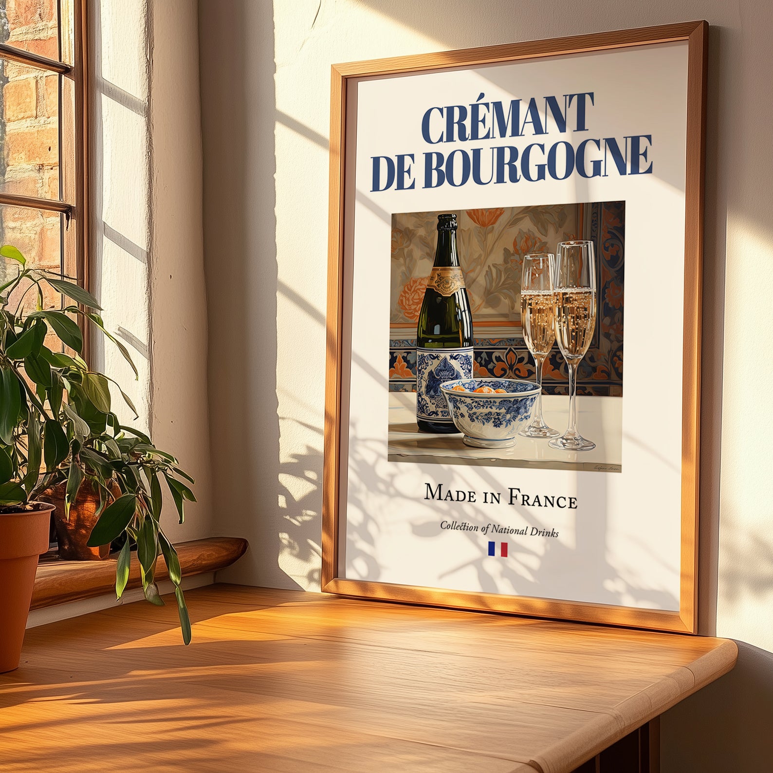 Crémant de Bourgogne – French Sparkling Wine, Wine Bar Poster, no-text version framed in wood