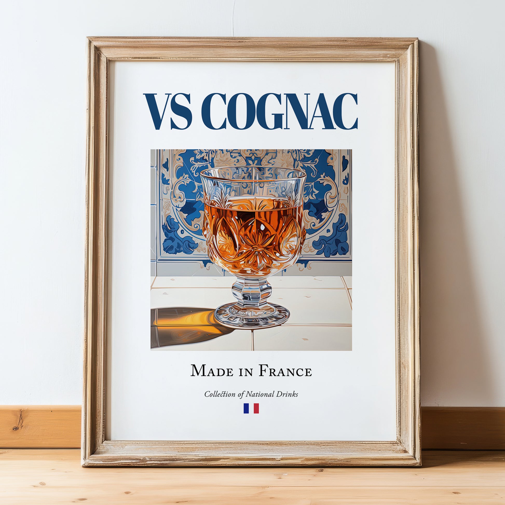 VS Cognac – French Spirit Drink, Hotel Lobby Poster, in wooden frame leaning on the floor
