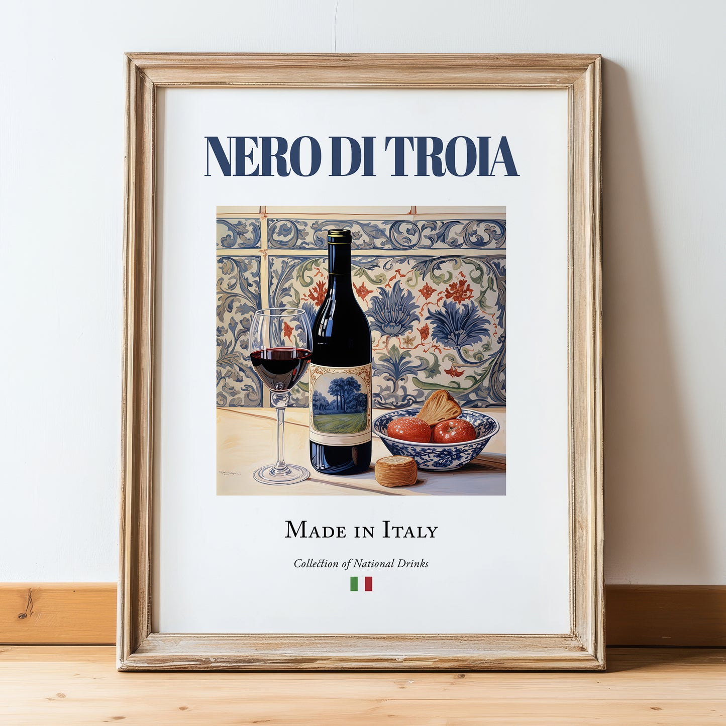 Nero di Troia – Italian Red Wine, Vineyard Terrace Wall Art, in wooden frame leaning on the floor