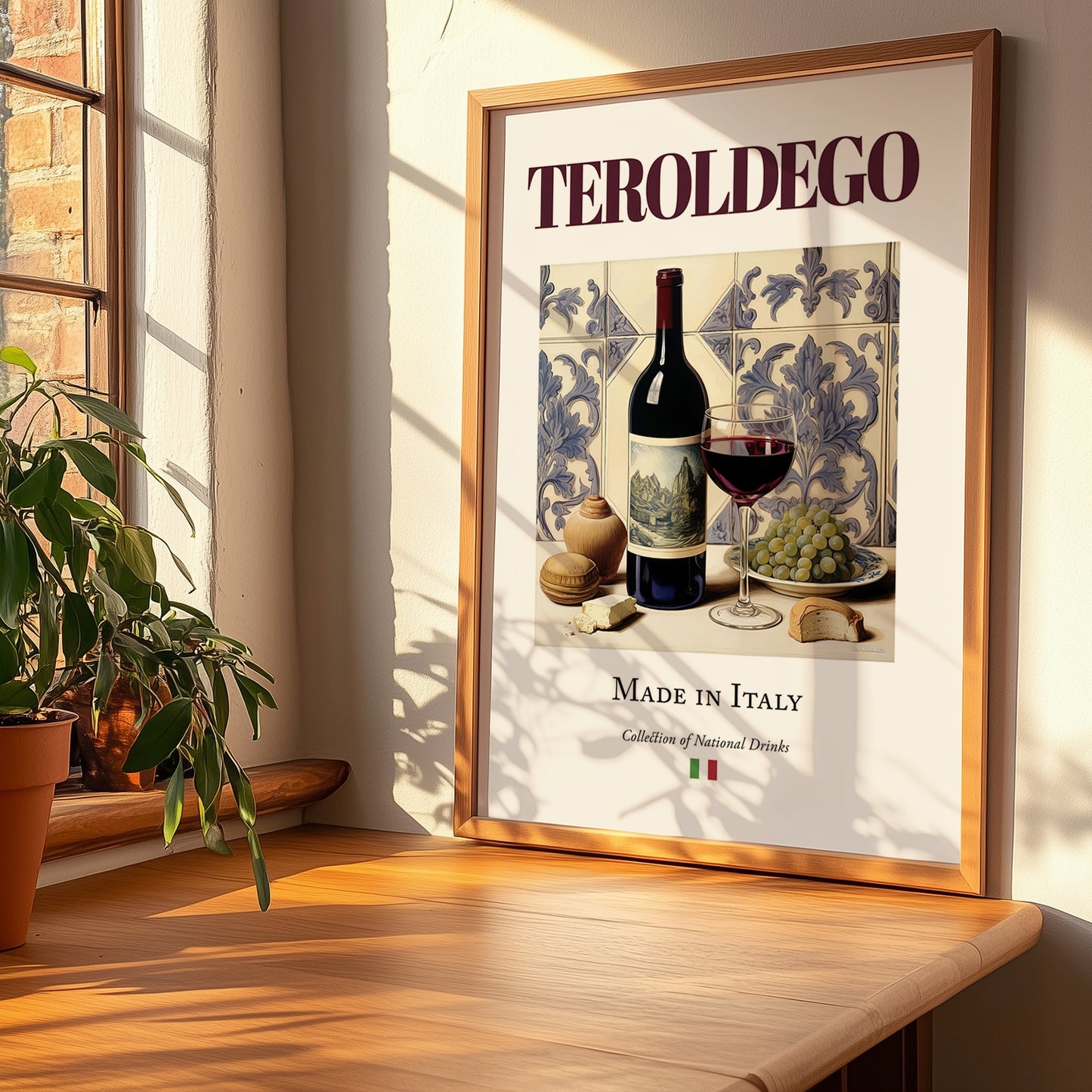 Teroldego – Italian Red Wine, Enoteca Still Life, no-text version framed in wood