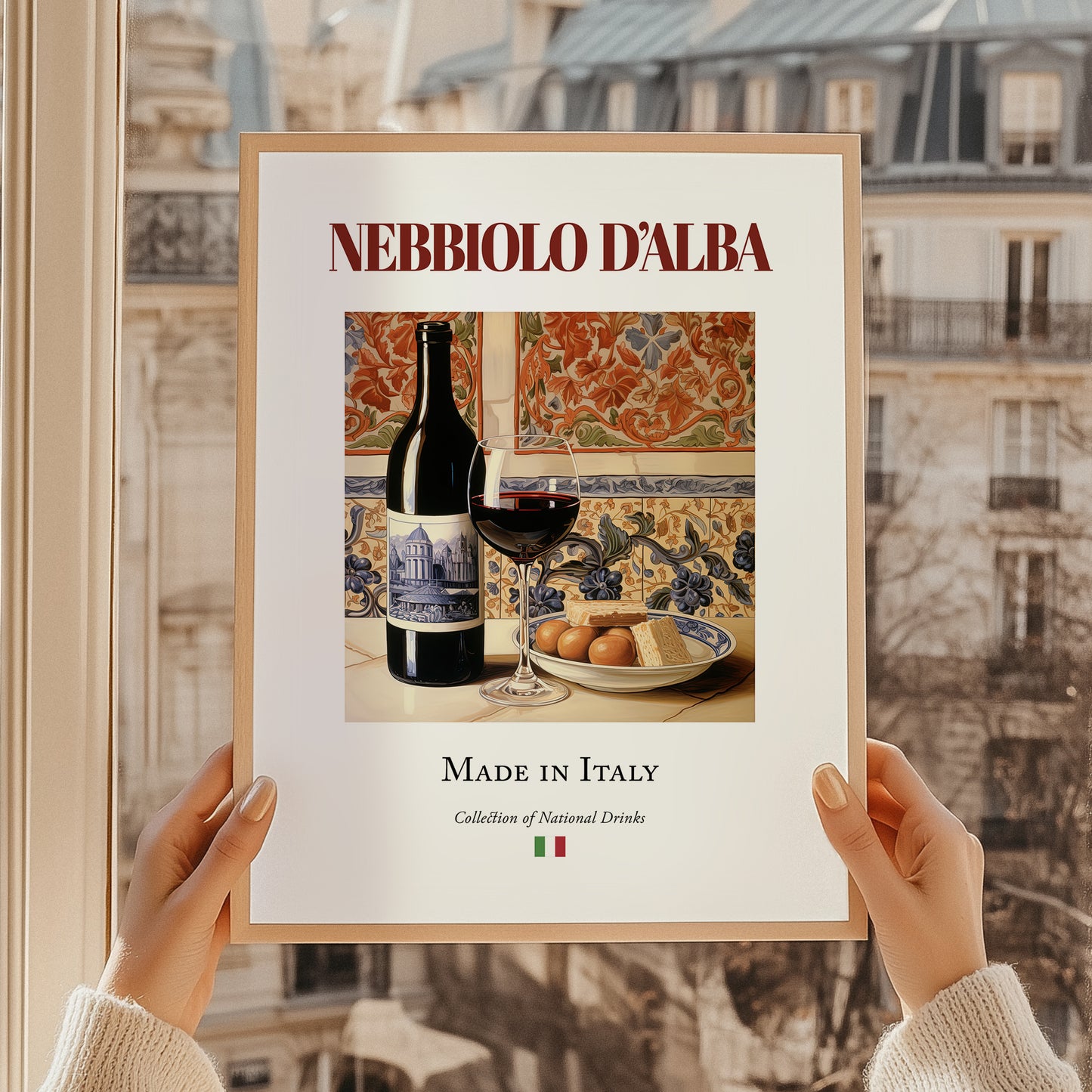 Nebbiolo d’Alba – Italian Red Wine, Bodega Poster, styled in a charming Paris street view