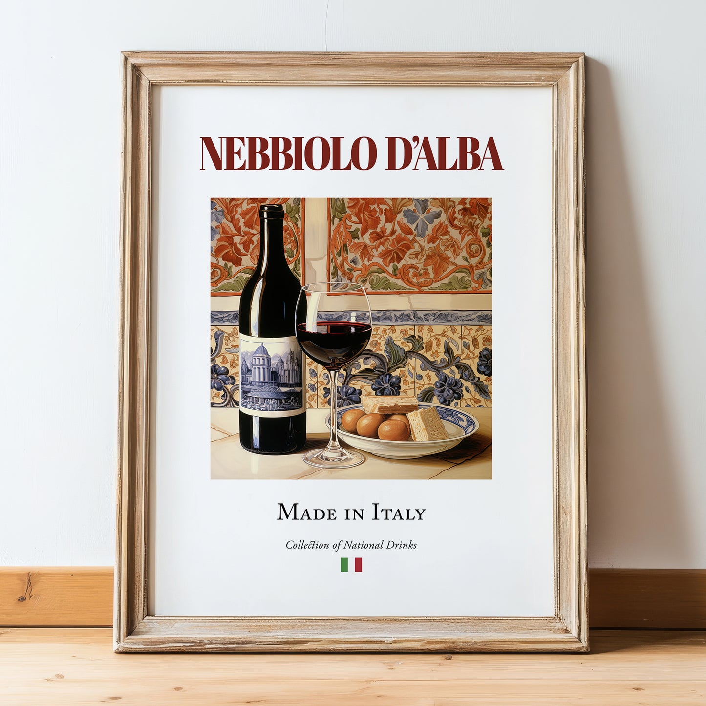 Nebbiolo d’Alba – Italian Red Wine, Bodega Poster, in wooden frame leaning on the floor