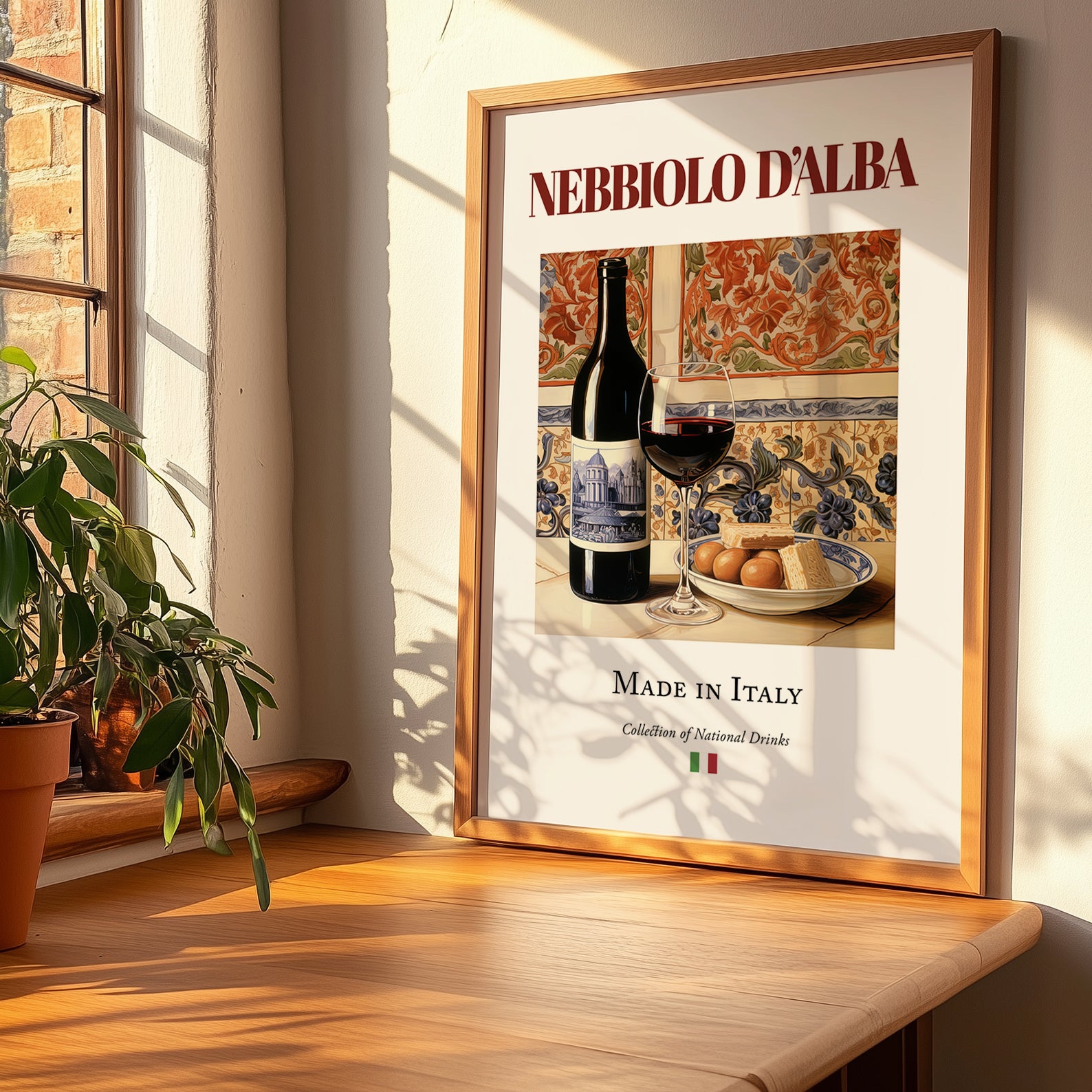 Nebbiolo d’Alba – Italian Red Wine, Bodega Poster, no-text version framed in wood