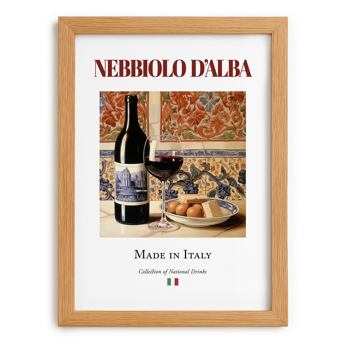 Nebbiolo d’Alba – Italian Red Wine, Bodega Poster, set in oak frame