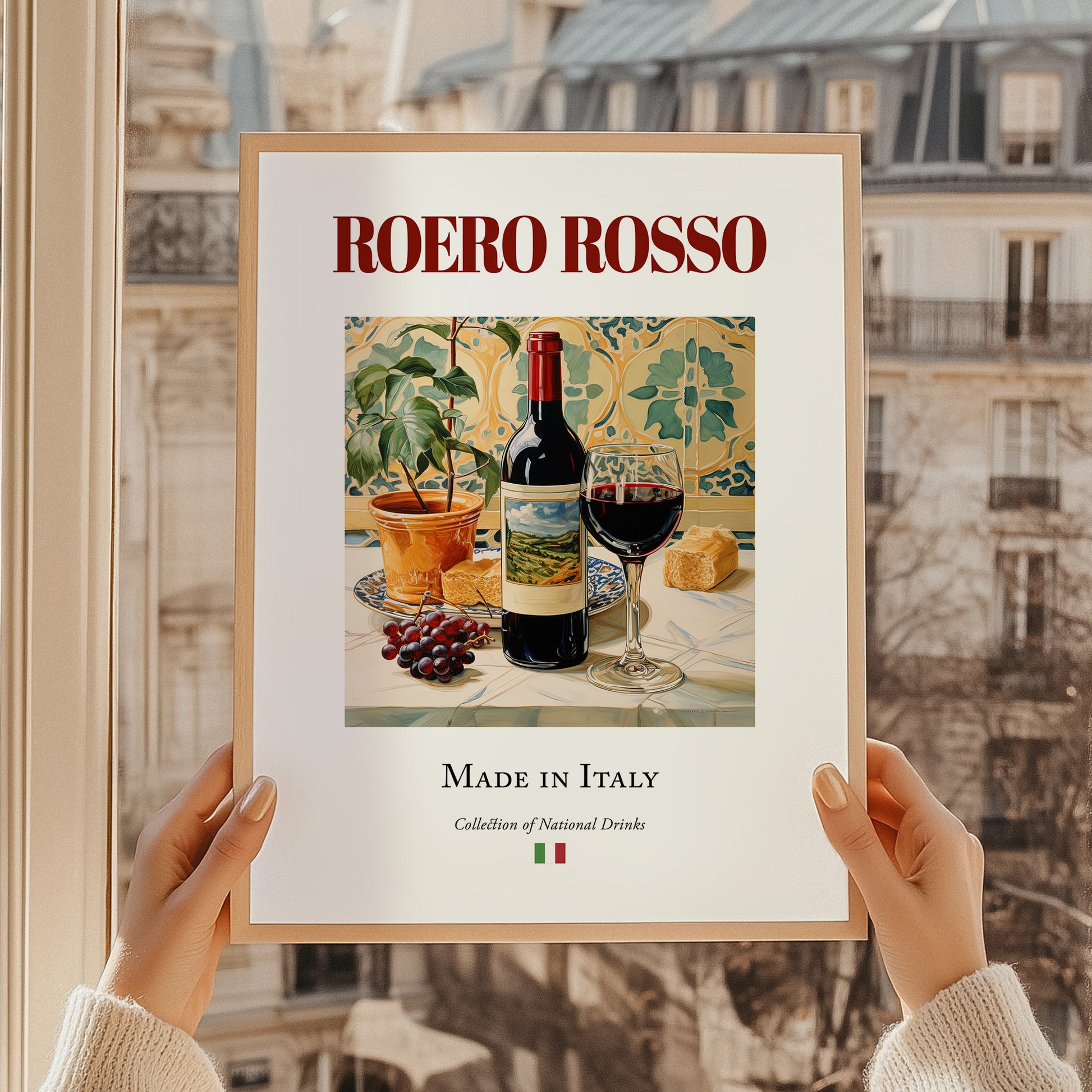 Roero Rosso – Italian Red Wine, Vineyard Terrace Poster, styled in a charming Paris street view