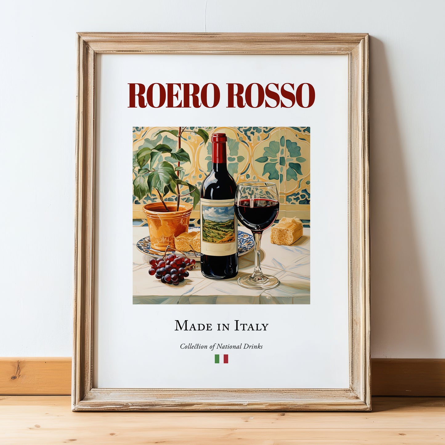 Roero Rosso – Italian Red Wine, Vineyard Terrace Poster, in wooden frame leaning on the floor