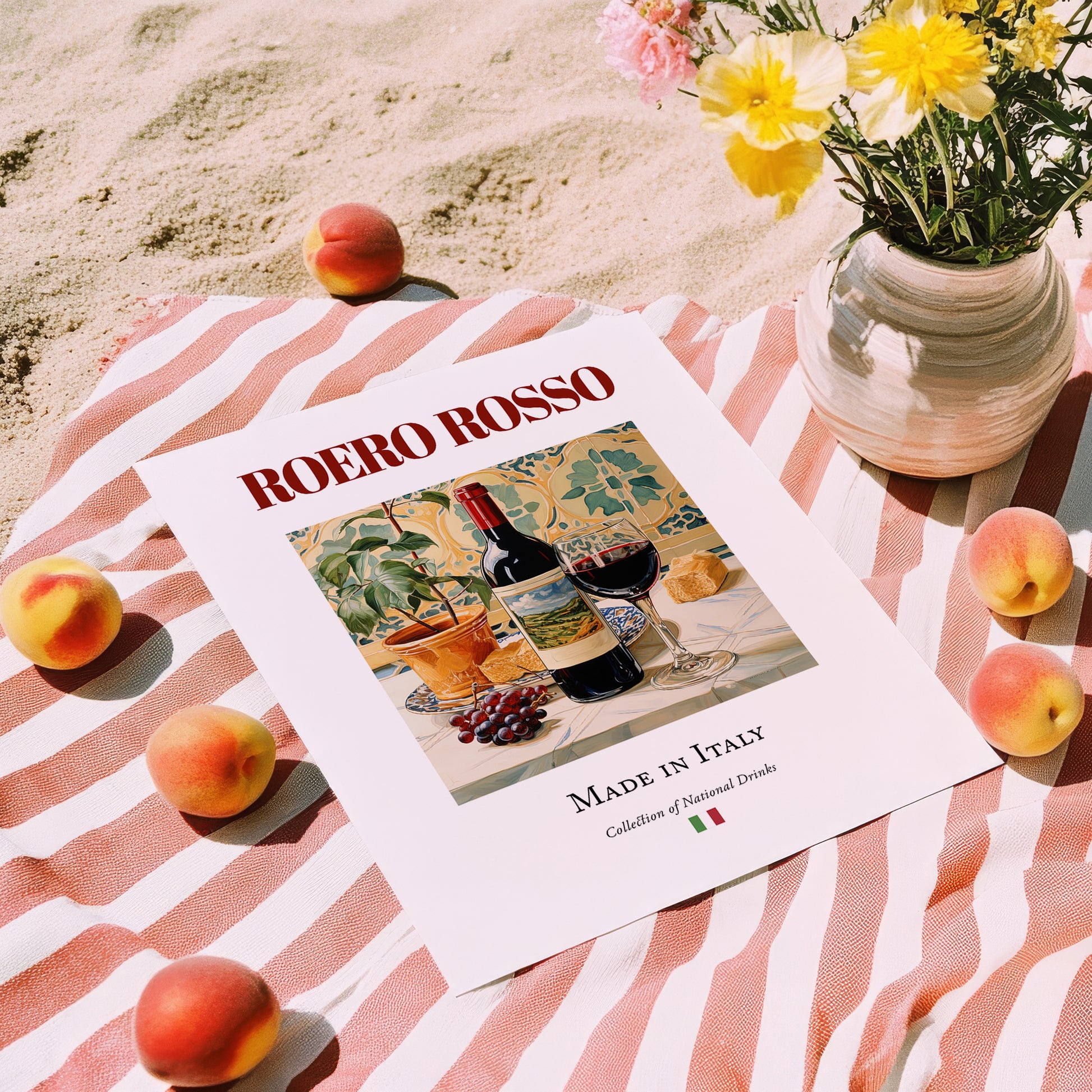 Roero Rosso – Italian Red Wine, Vineyard Terrace Poster, unframed on coastal sand